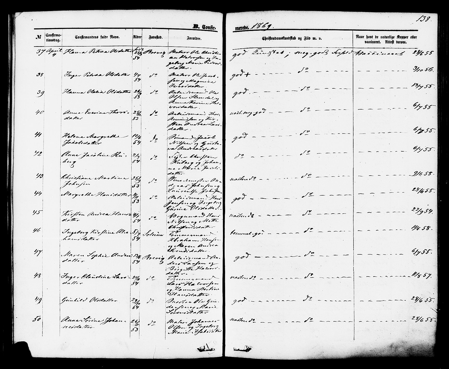 Brevik kirkebøker, SAKO/A-255/F/Fa/L0006: Parish register (official) no. 6, 1866-1881, p. 138