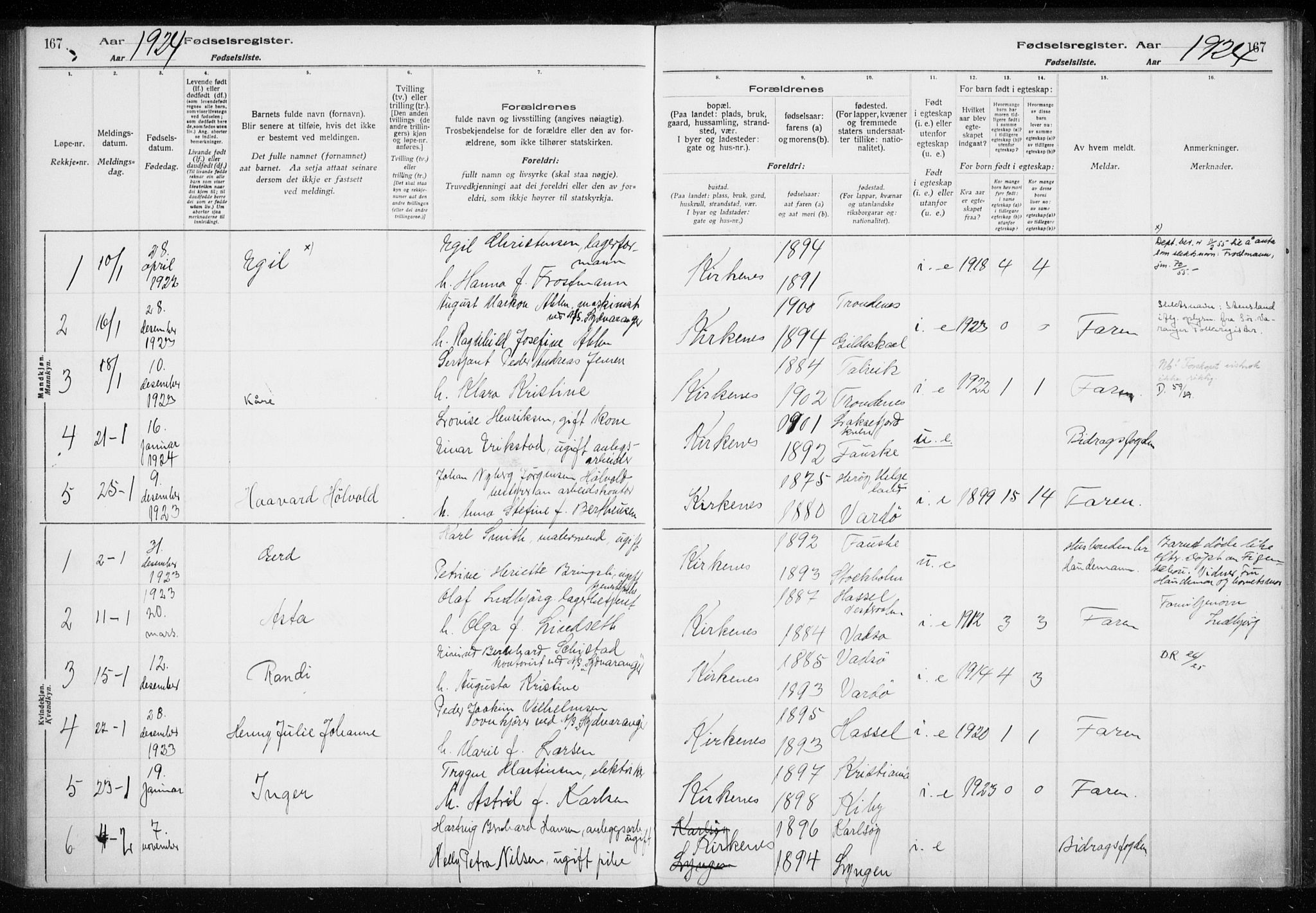 Sør-Varanger sokneprestkontor, SATØ/S-1331/I/Ia/L0016: Birth register no. 16, 1915-1925, p. 167