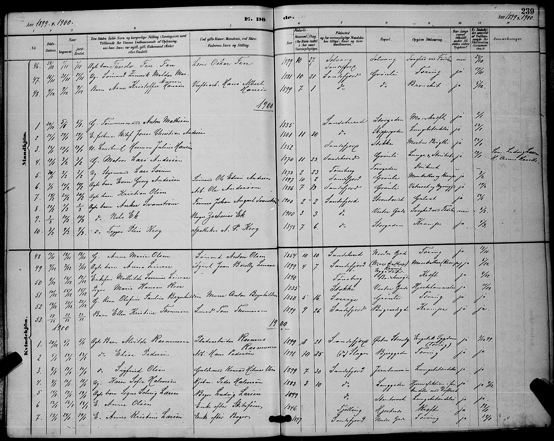Sandefjord kirkebøker, AV/SAKO-A-315/G/Ga/L0001: Parish register (copy) no. 1, 1885-1903, p. 239