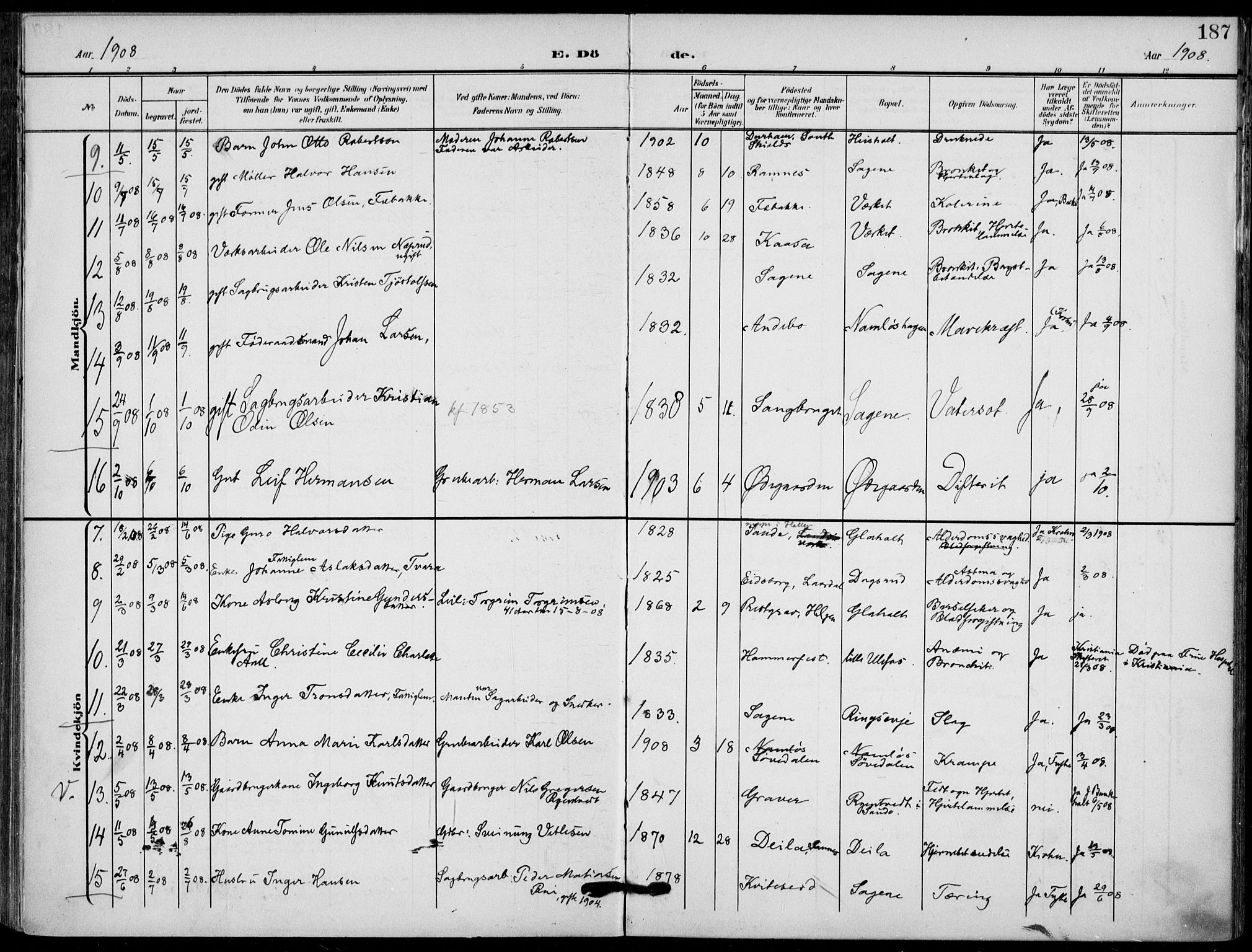 Holla kirkebøker, SAKO/A-272/F/Fa/L0012: Parish register (official) no. 12, 1907-1923, p. 187