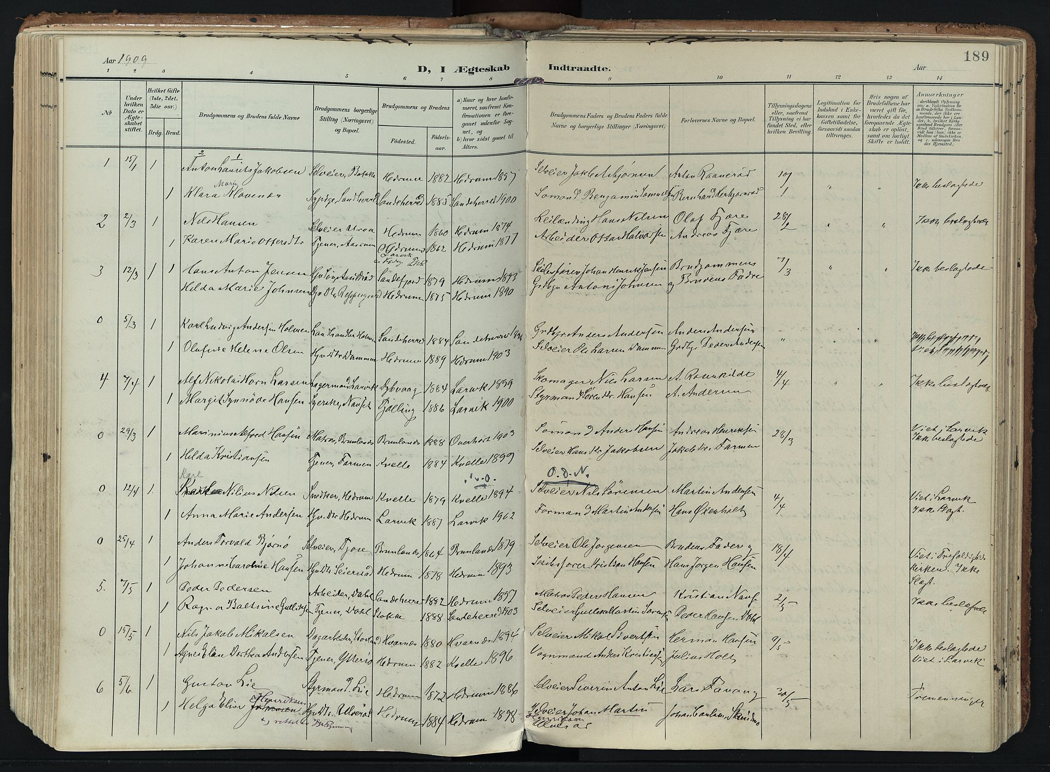 Hedrum kirkebøker, SAKO/A-344/F/Fa/L0010: Parish register (official) no. I 10, 1904-1918, p. 189