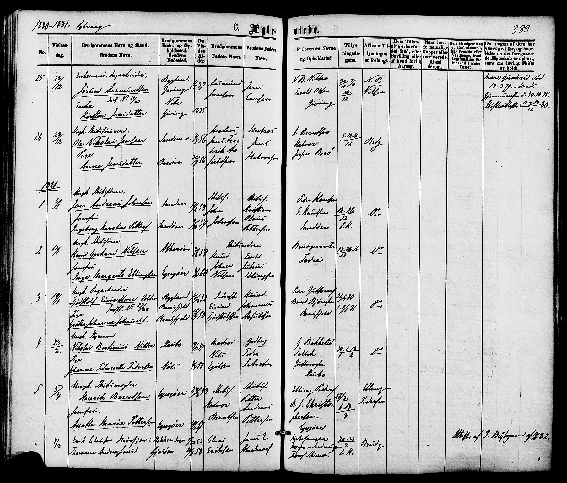 Dypvåg sokneprestkontor, SAK/1111-0007/F/Fa/Faa/L0007: Parish register (official) no. A 7/ 1, 1872-1884, p. 383