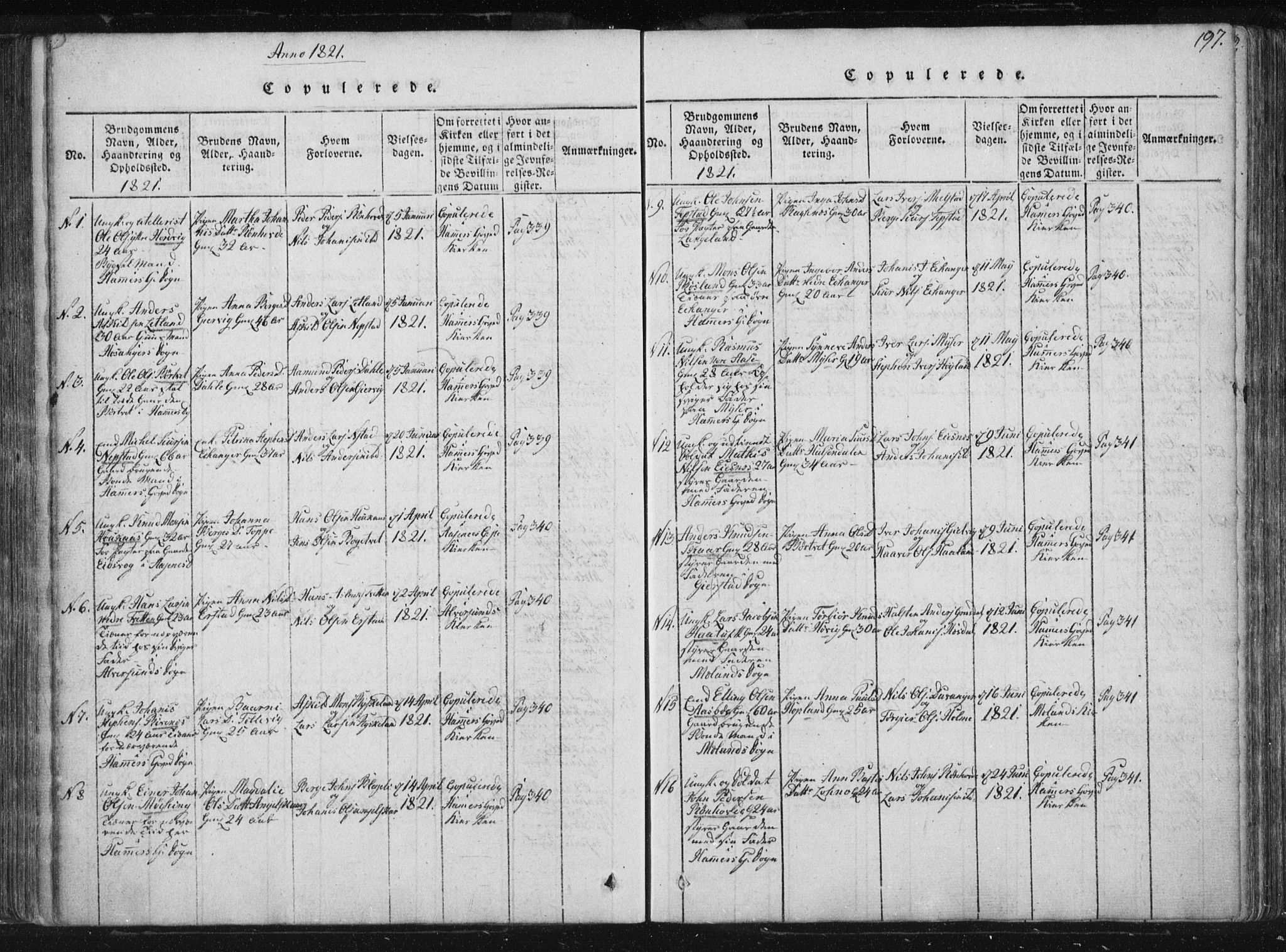 Hamre sokneprestembete, SAB/A-75501/H/Ha/Haa/Haaa/L0010: Parish register (official) no. A 10, 1816-1826, p. 197