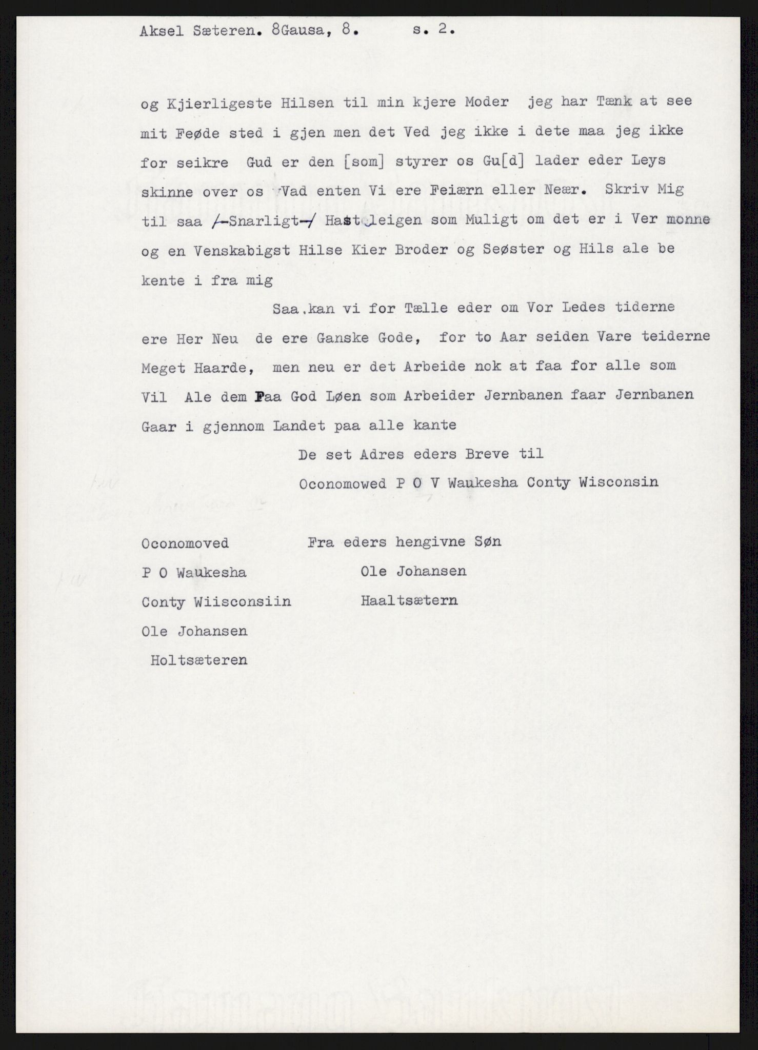 Samlinger til kildeutgivelse, Amerikabrevene, AV/RA-EA-4057/F/L0015: Innlån fra Oppland: Sæteren - Vigerust, 1838-1914, p. 75