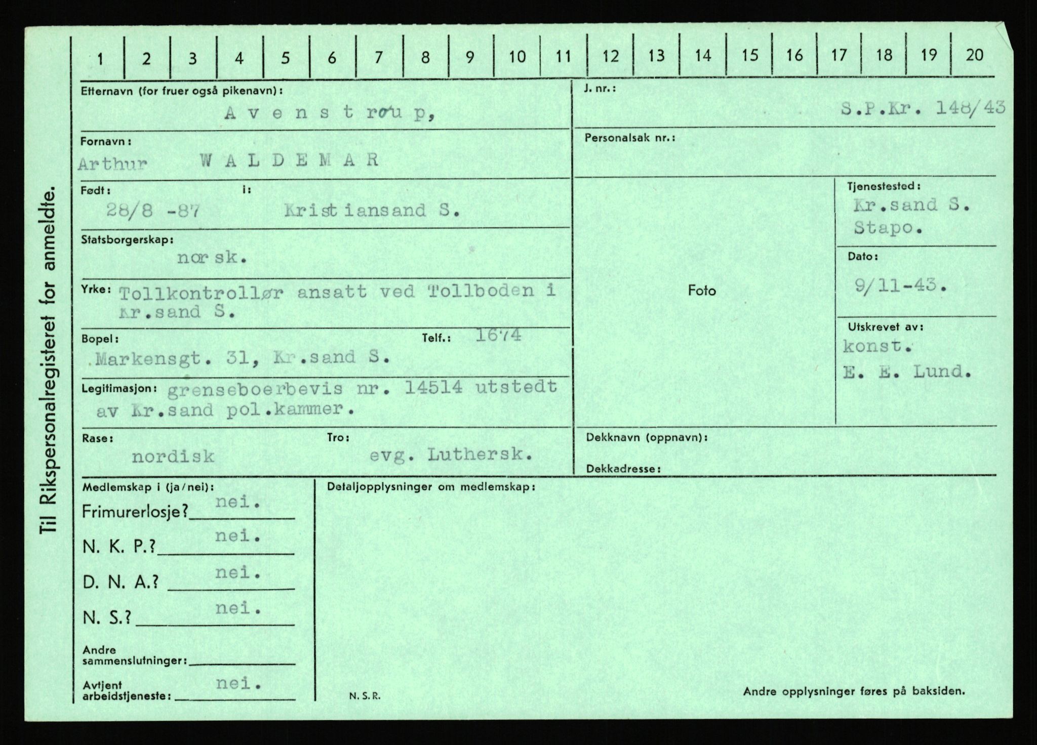 Statspolitiet - Hovedkontoret / Osloavdelingen, AV/RA-S-1329/C/Ca/L0002: Arneberg - Brand, 1943-1945, p. 807