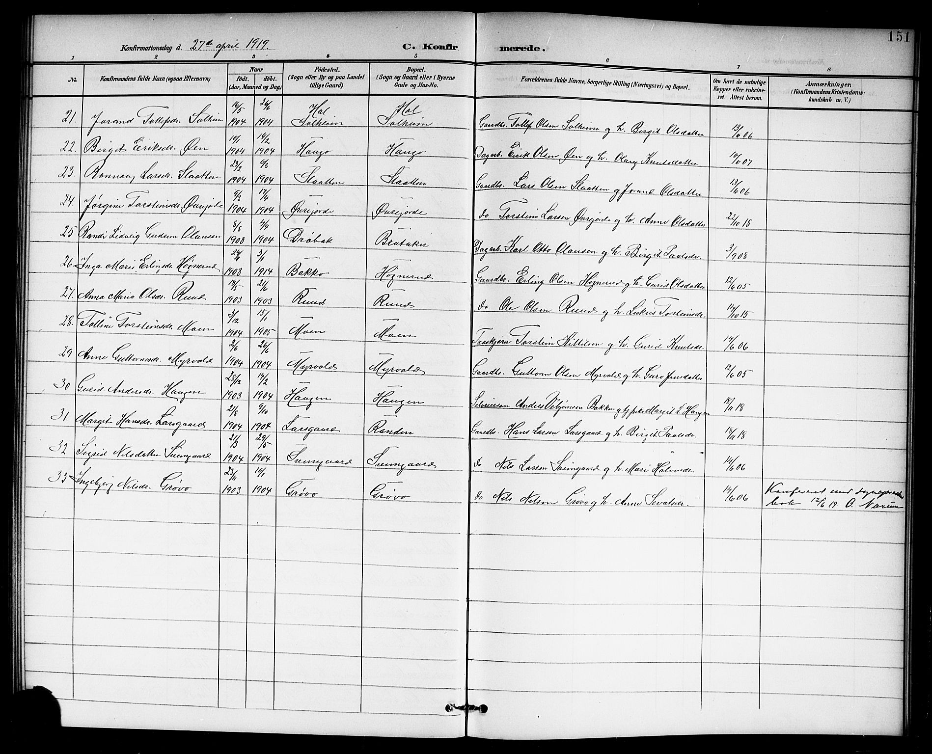 Hol kirkebøker, SAKO/A-227/G/Ga/L0001: Parish register (copy) no. I 1, 1900-1919, p. 151