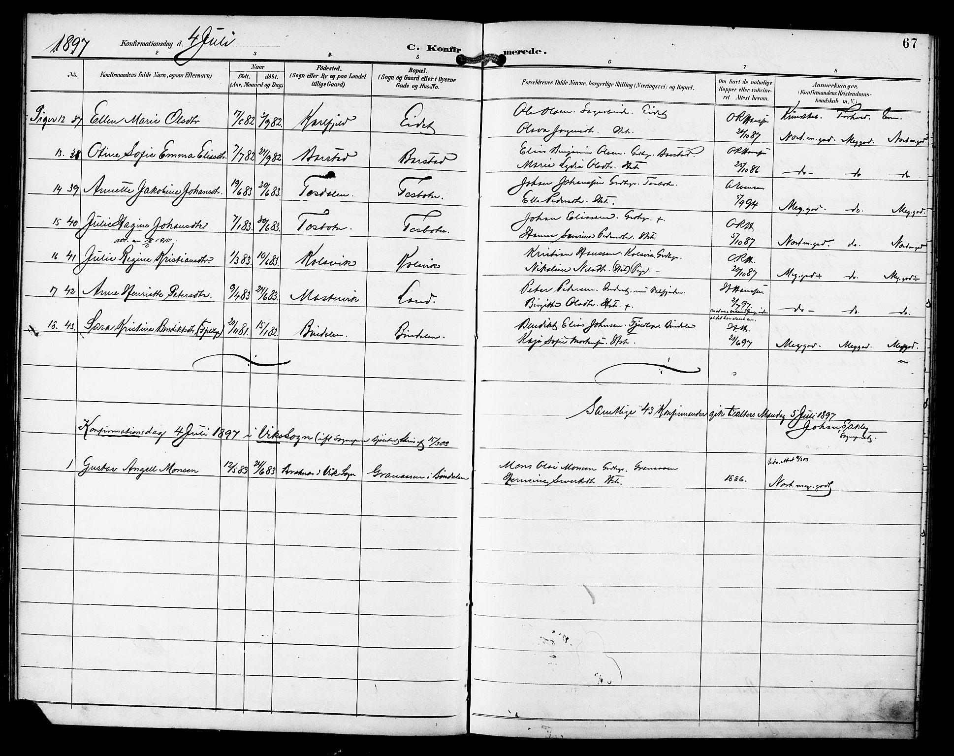 Ministerialprotokoller, klokkerbøker og fødselsregistre - Nordland, AV/SAT-A-1459/810/L0152: Parish register (official) no. 810A11, 1895-1899, p. 67