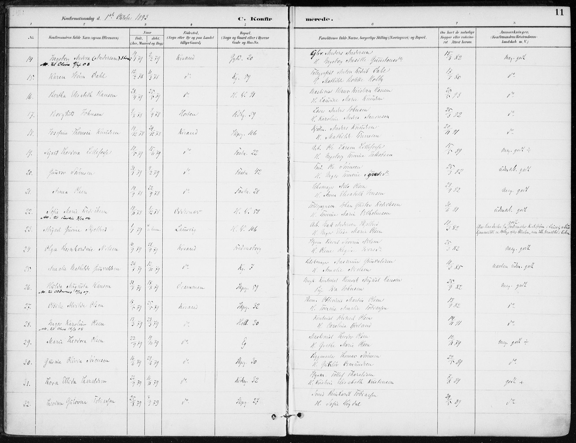 Kristiansand domprosti, AV/SAK-1112-0006/F/Fa/L0020: Parish register (official) no. A 19, 1893-1904, p. 11