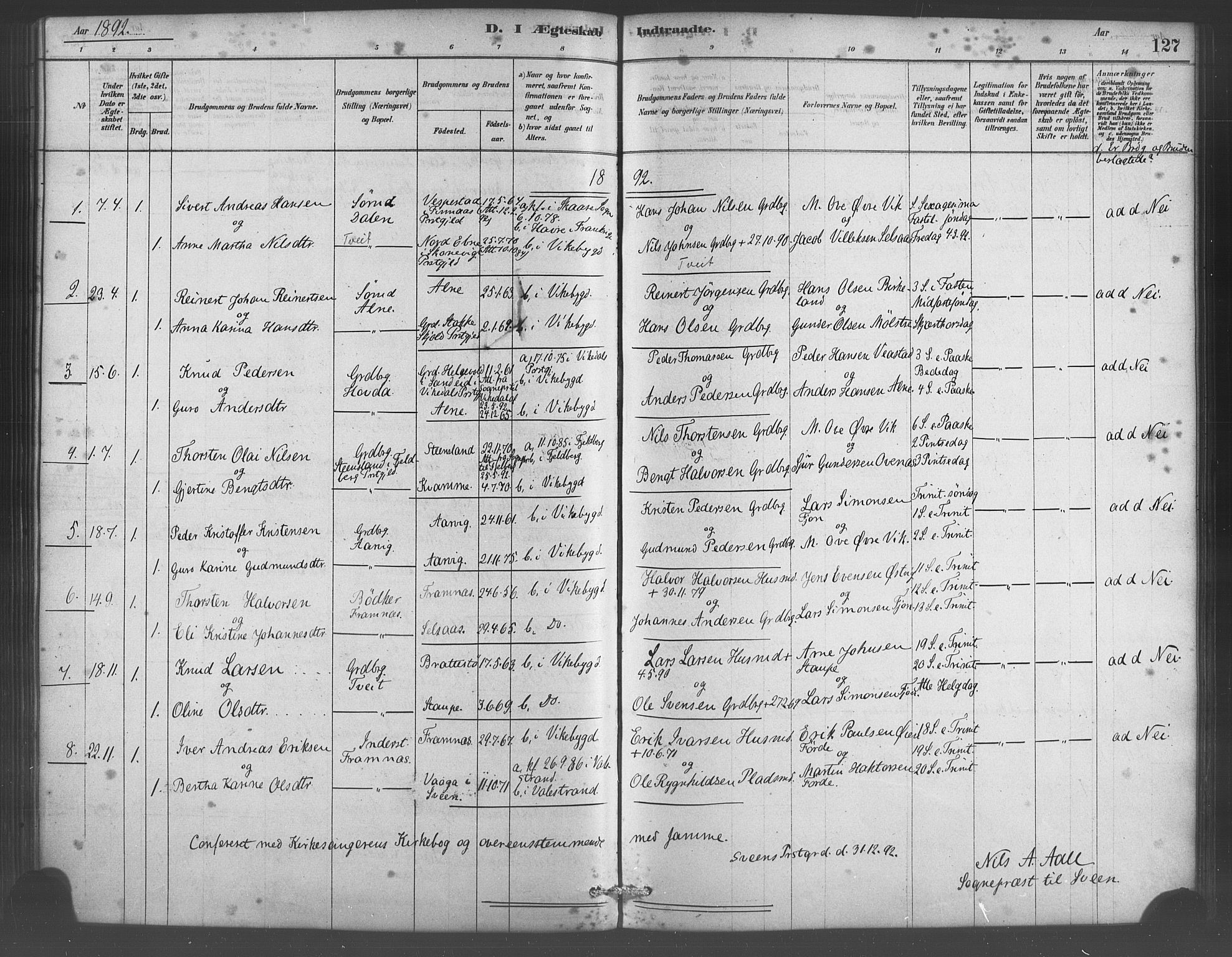 Sveio Sokneprestembete, AV/SAB-A-78501/H/Haa: Parish register (official) no. D 1, 1878-1894, p. 127