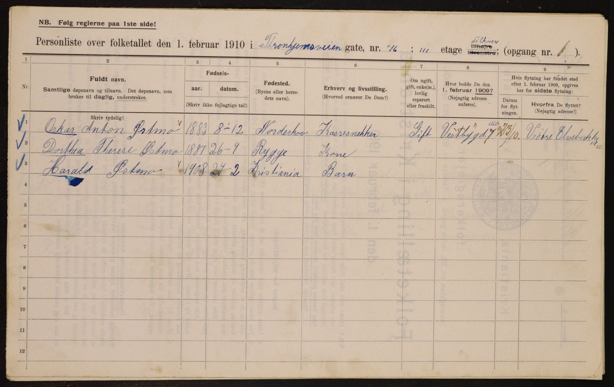 OBA, Municipal Census 1910 for Kristiania, 1910, p. 94726