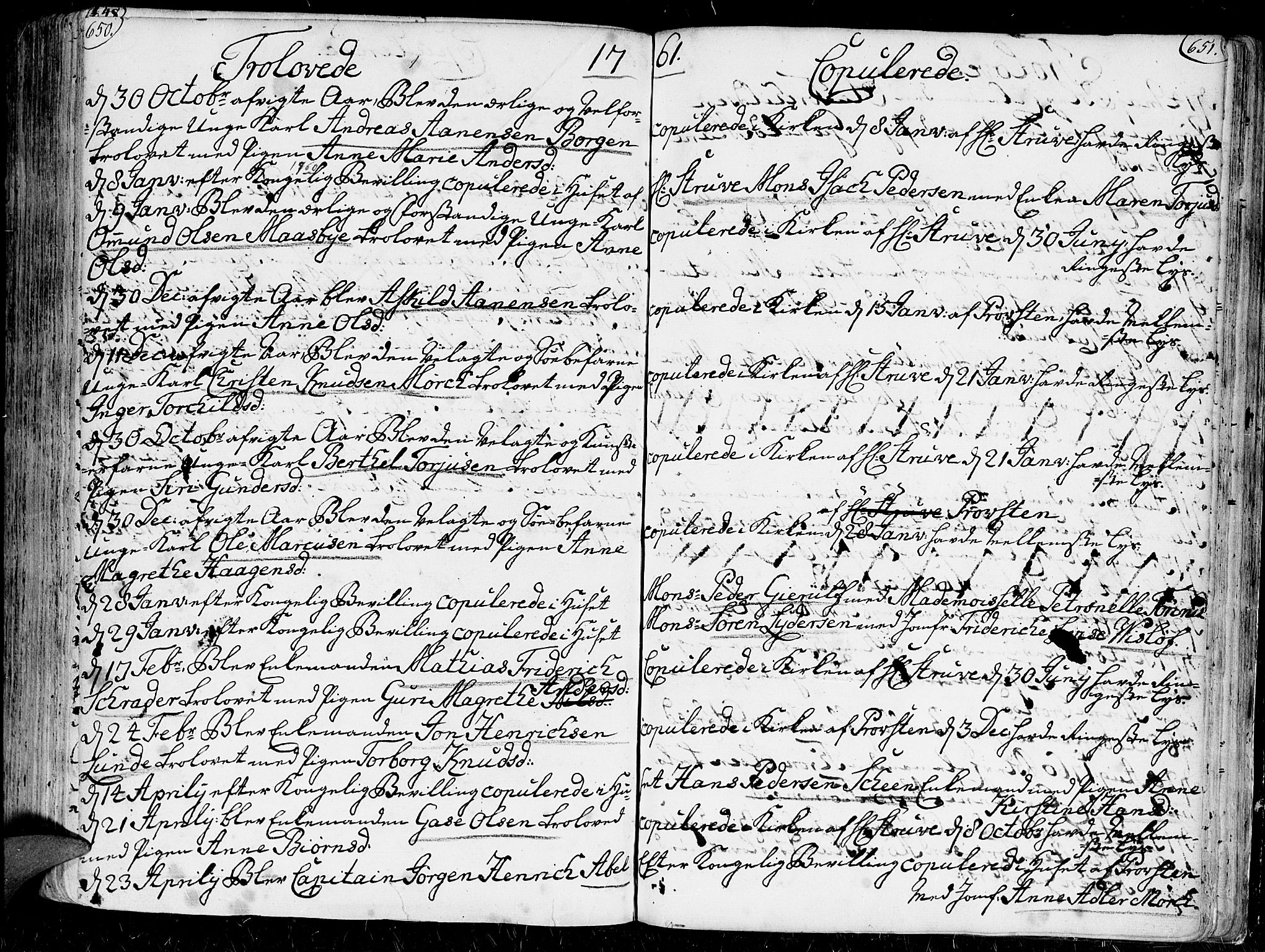 Kristiansand domprosti, SAK/1112-0006/F/Fa/L0001: Parish register (official) no. A 1, 1734-1793, p. 650-651