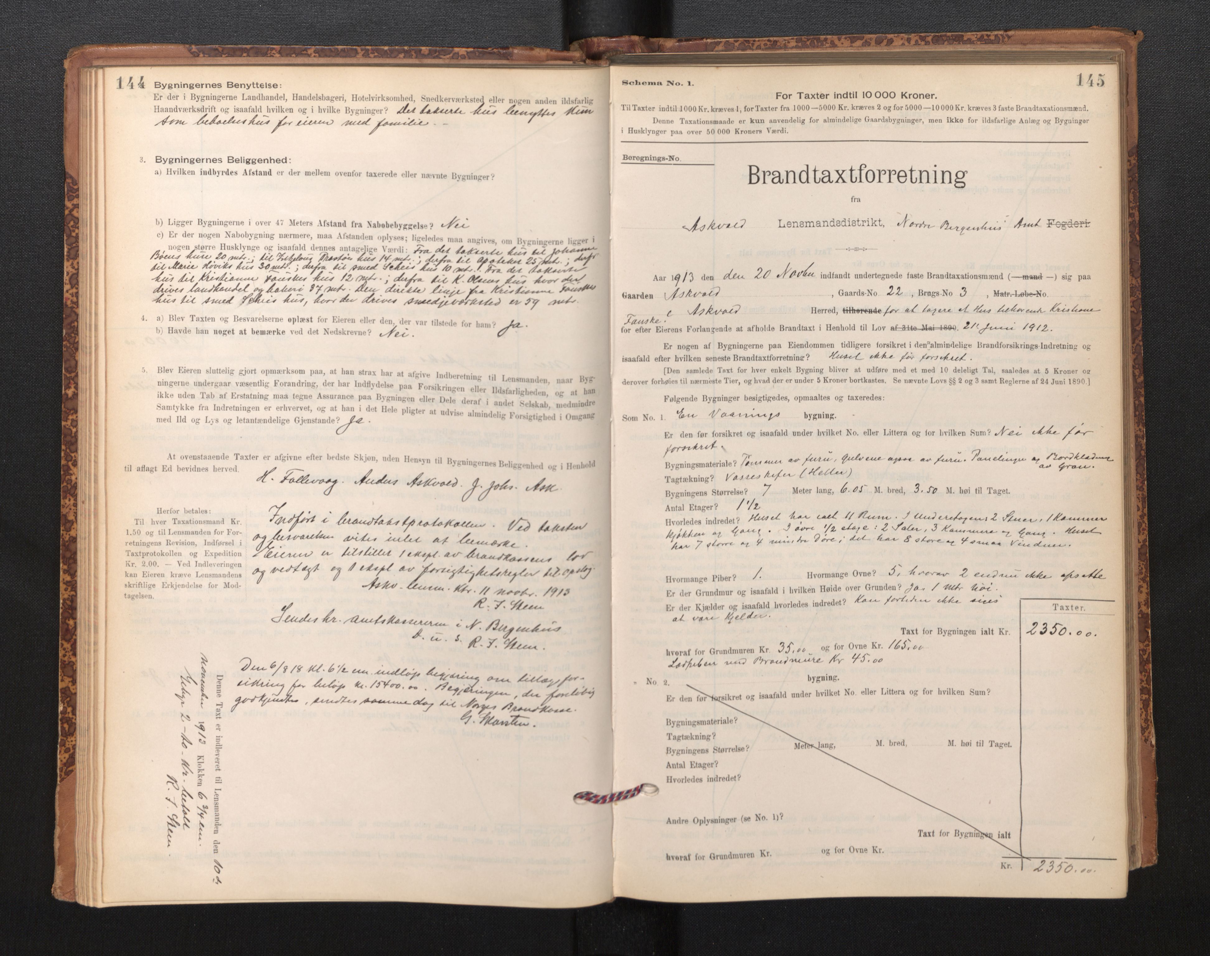 Lensmannen i Askvoll, AV/SAB-A-26301/0012/L0004: Branntakstprotokoll, skjematakst og liste over branntakstmenn, 1895-1932, p. 144-145