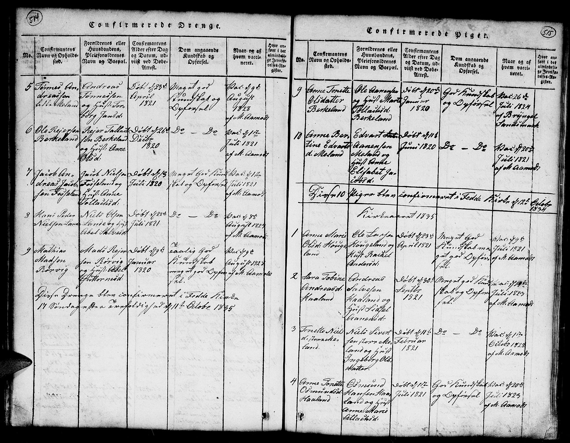 Kvinesdal sokneprestkontor, SAK/1111-0026/F/Fb/Fba/L0001: Parish register (copy) no. B 1, 1815-1839, p. 514-515