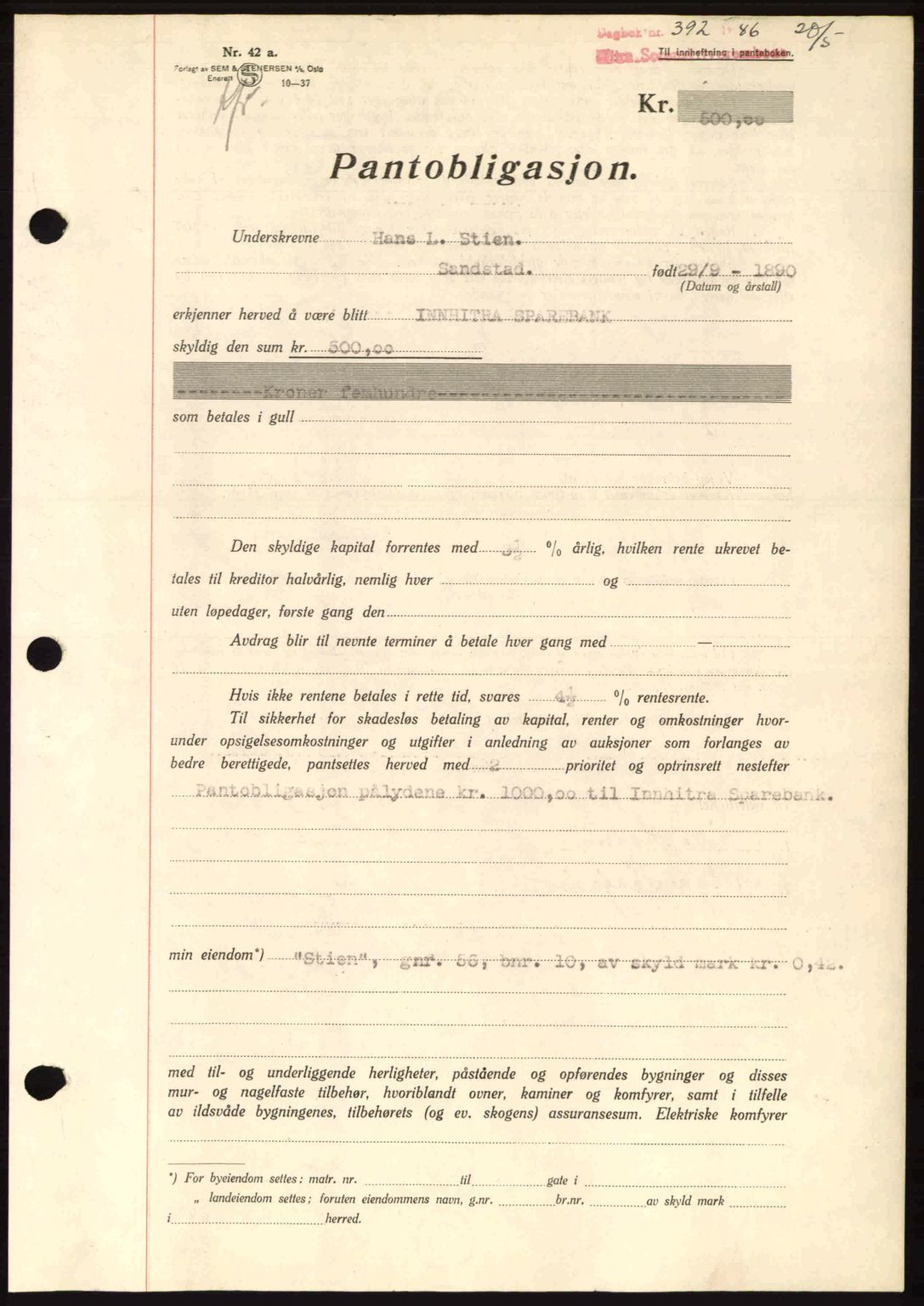 Hitra sorenskriveri, AV/SAT-A-0018/2/2C/2Ca: Mortgage book no. B1, 1939-1949, Diary no: : 392/1946