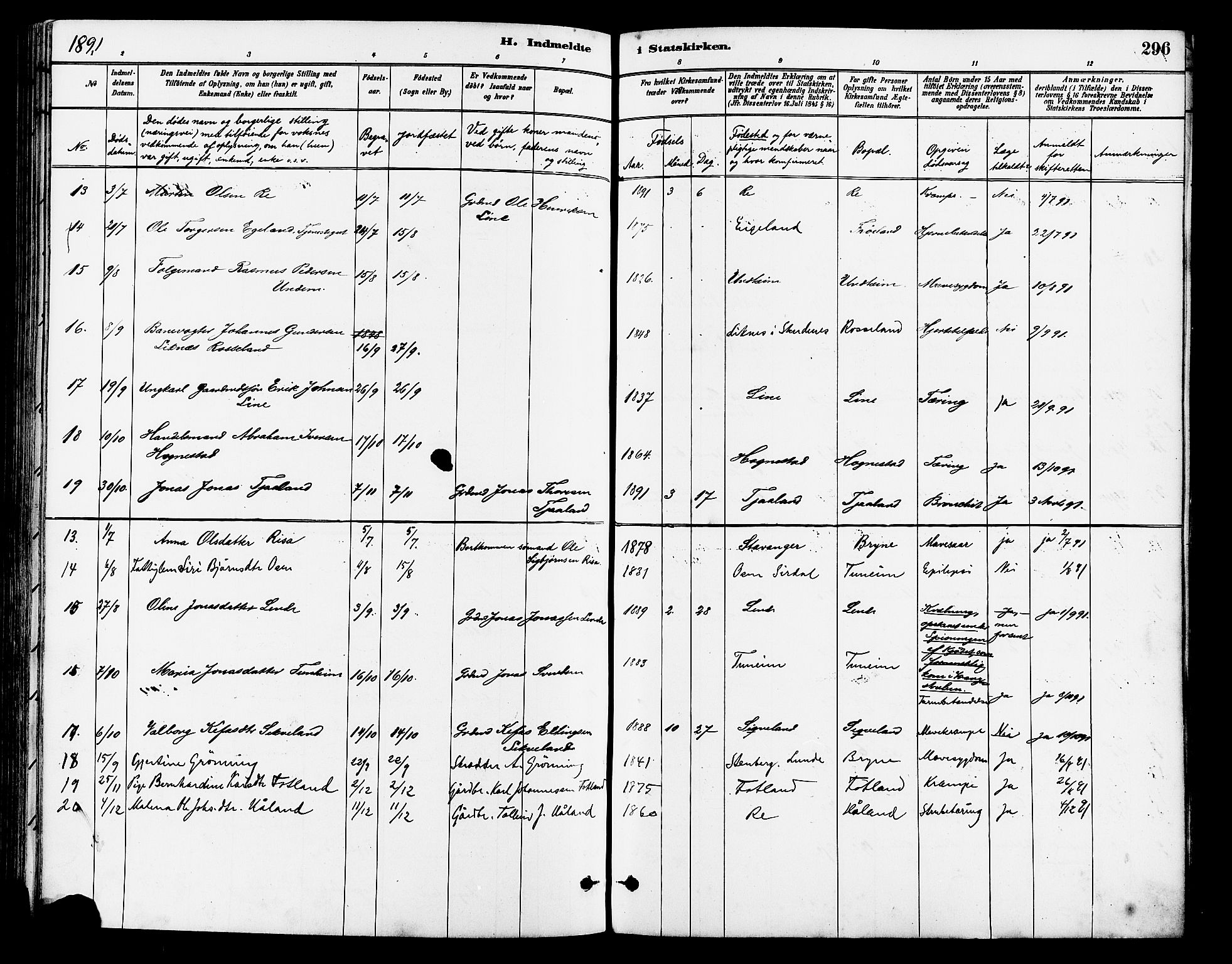 Lye sokneprestkontor, AV/SAST-A-101794/001/30BA/L0009: Parish register (official) no. A 8, 1881-1892, p. 296
