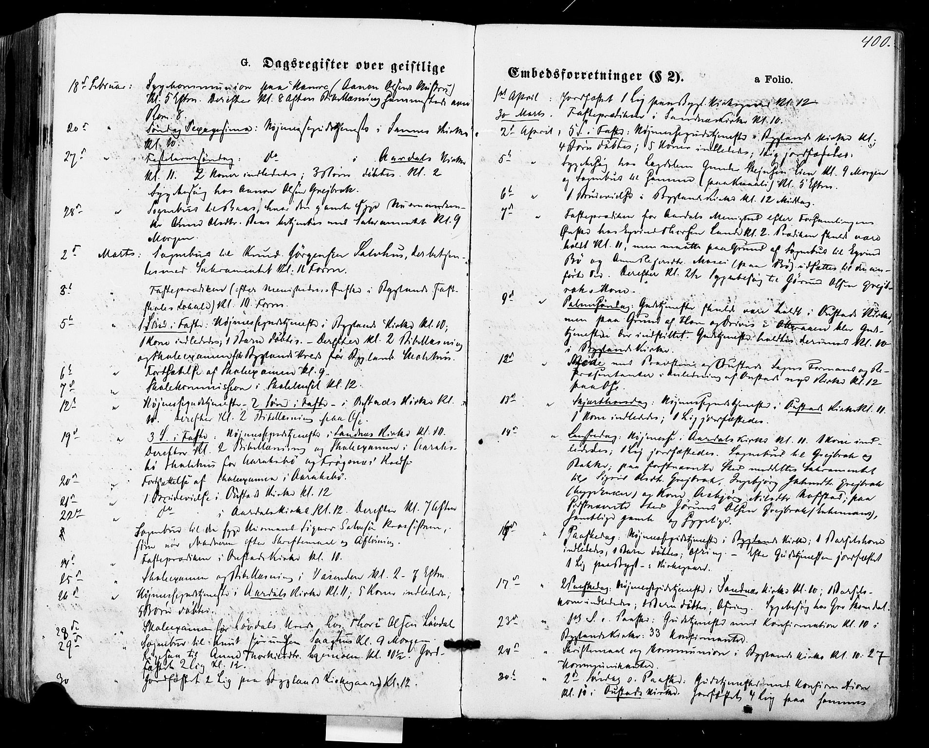 Bygland sokneprestkontor, AV/SAK-1111-0006/F/Fa/Fab/L0006: Parish register (official) no. A 6, 1873-1884, p. 400