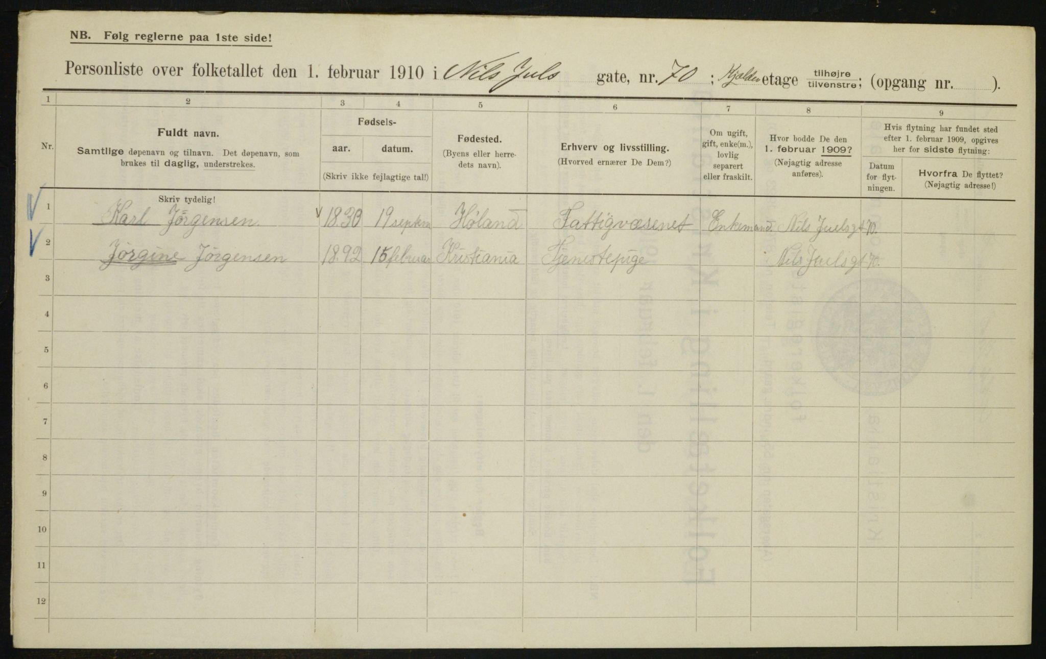 OBA, Municipal Census 1910 for Kristiania, 1910, p. 68543