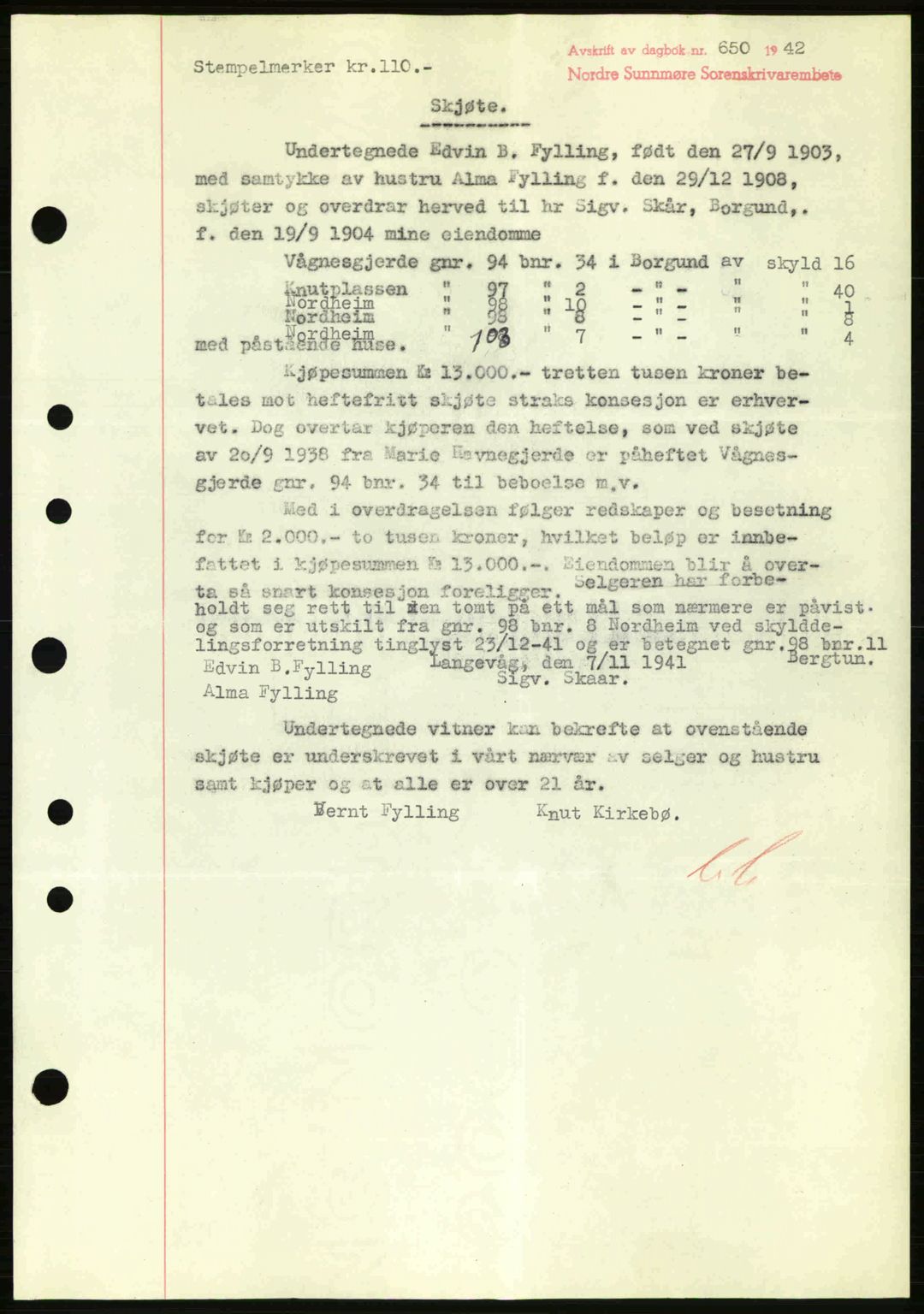 Nordre Sunnmøre sorenskriveri, AV/SAT-A-0006/1/2/2C/2Ca: Mortgage book no. A13, 1942-1942, Diary no: : 650/1942