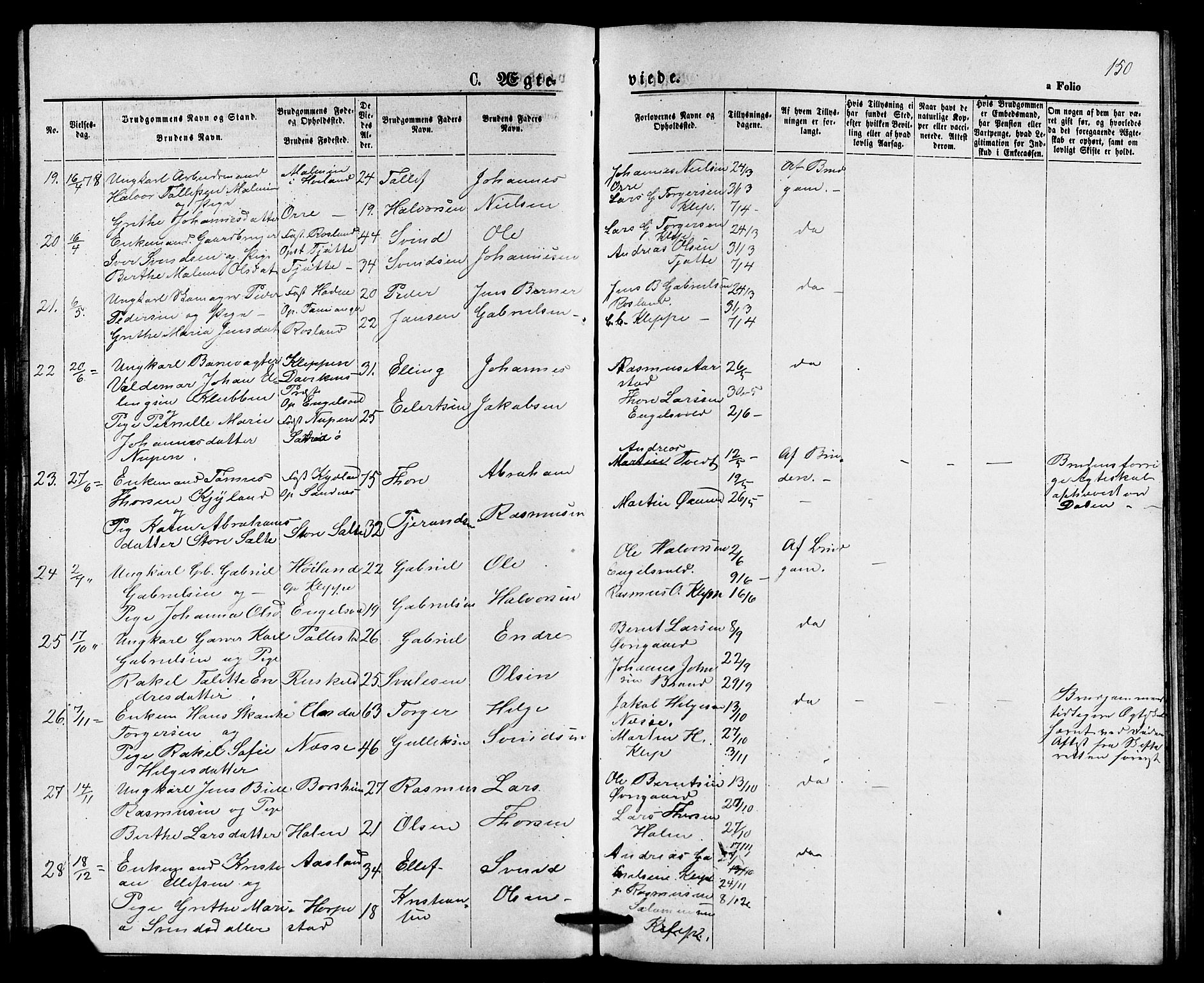 Klepp sokneprestkontor, AV/SAST-A-101803/001/3/30BB/L0003: Parish register (copy) no. B 3, 1876-1888, p. 150