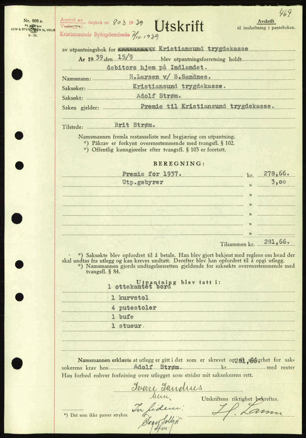 Kristiansund byfogd, SAT/A-4587/A/27: Mortgage book no. 31, 1938-1939, Diary no: : 803/1939