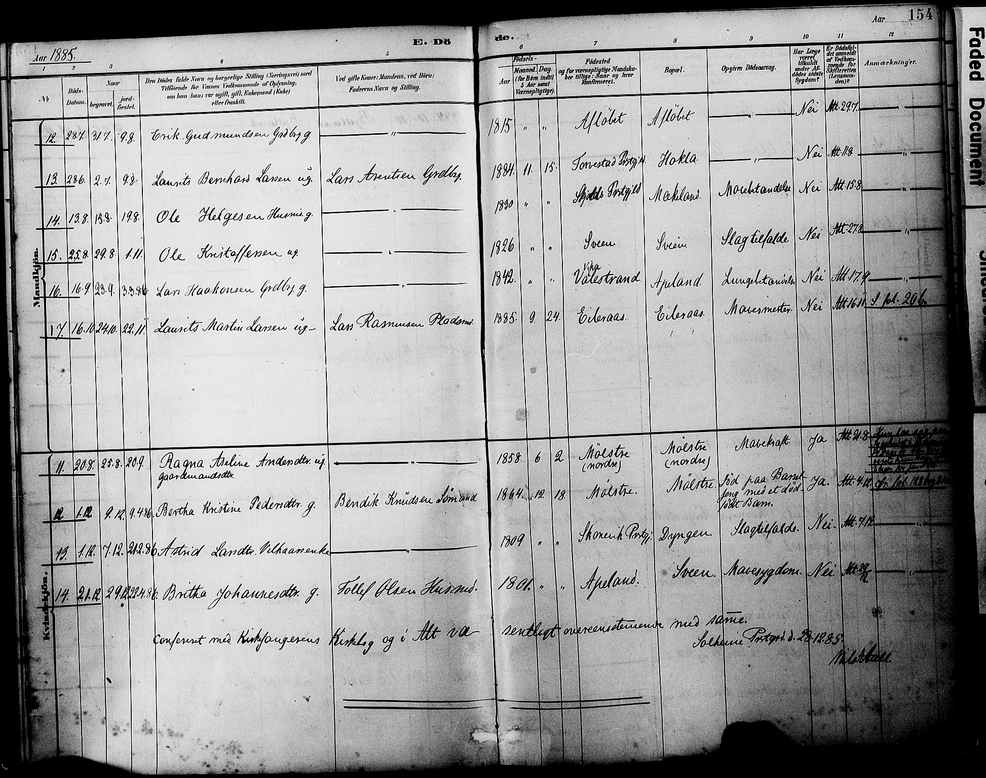 Sveio Sokneprestembete, AV/SAB-A-78501/H/Haa: Parish register (official) no. B 2, 1883-1894, p. 154