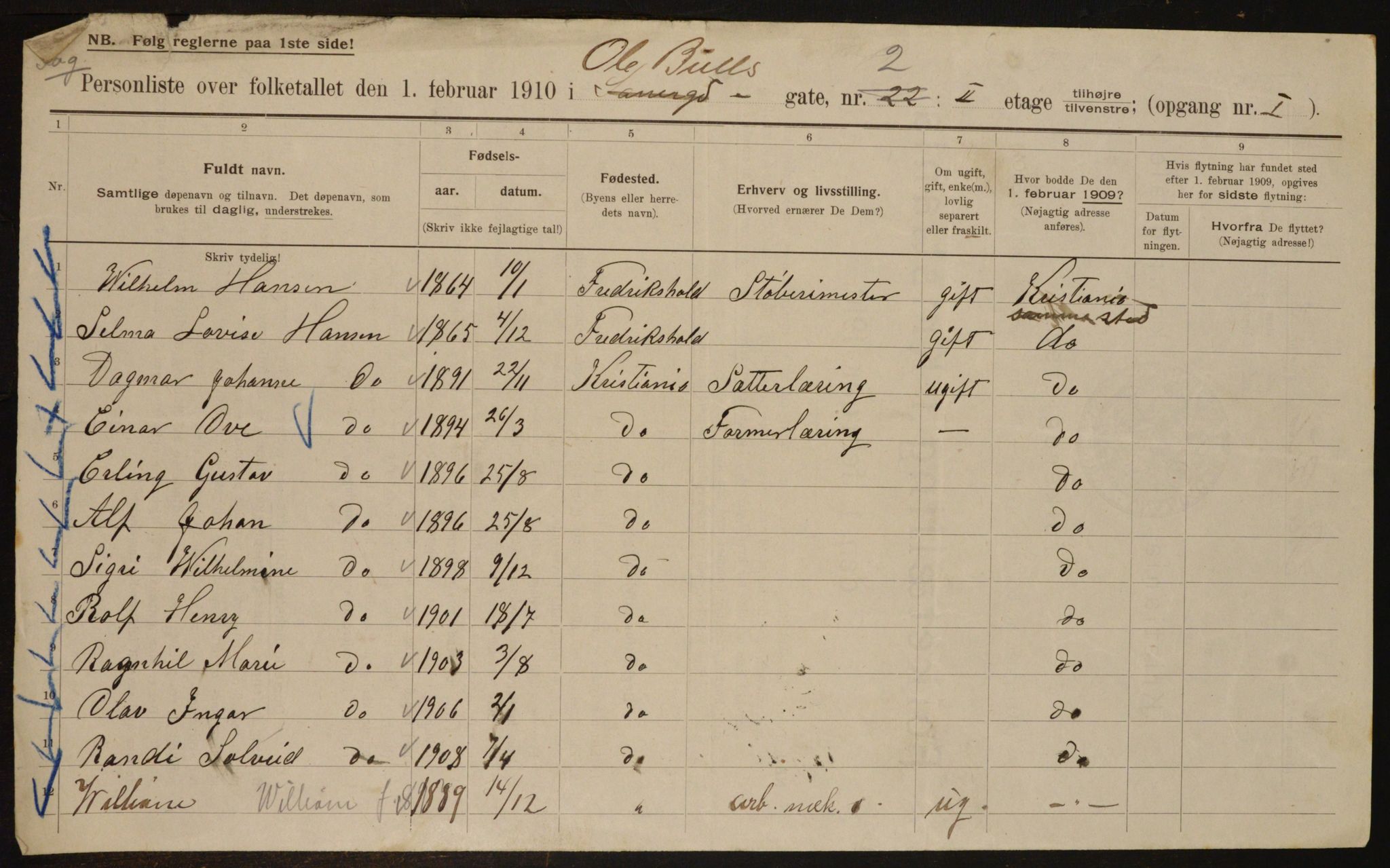 OBA, Municipal Census 1910 for Kristiania, 1910, p. 72685