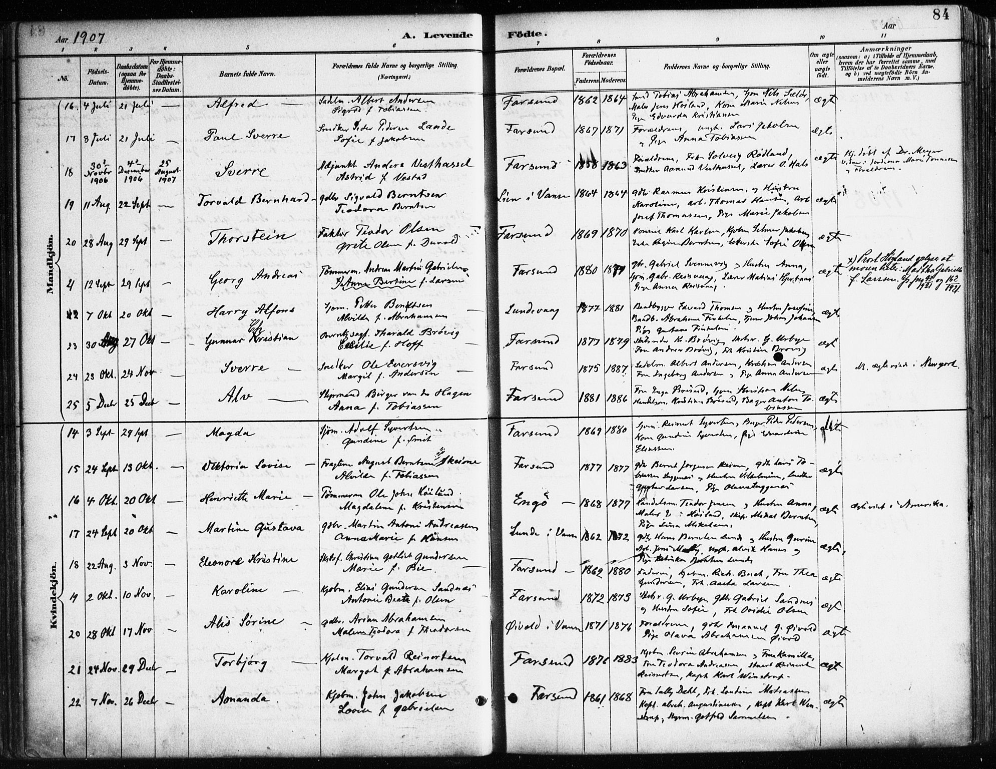 Farsund sokneprestkontor, SAK/1111-0009/F/Fa/L0006: Parish register (official) no. A 6, 1887-1920, p. 84