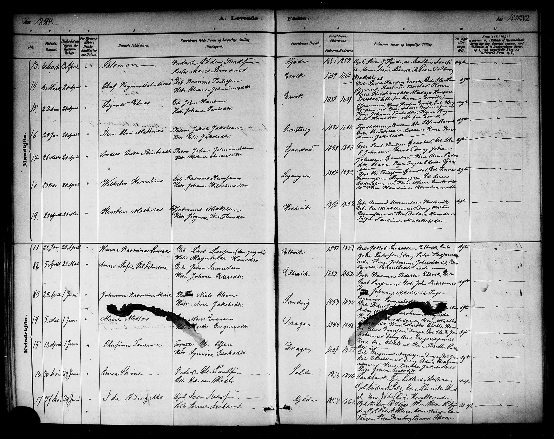 Selje sokneprestembete, AV/SAB-A-99938/H/Ha/Haa/Haab: Parish register (official) no. B 1, 1881-1890, p. 32