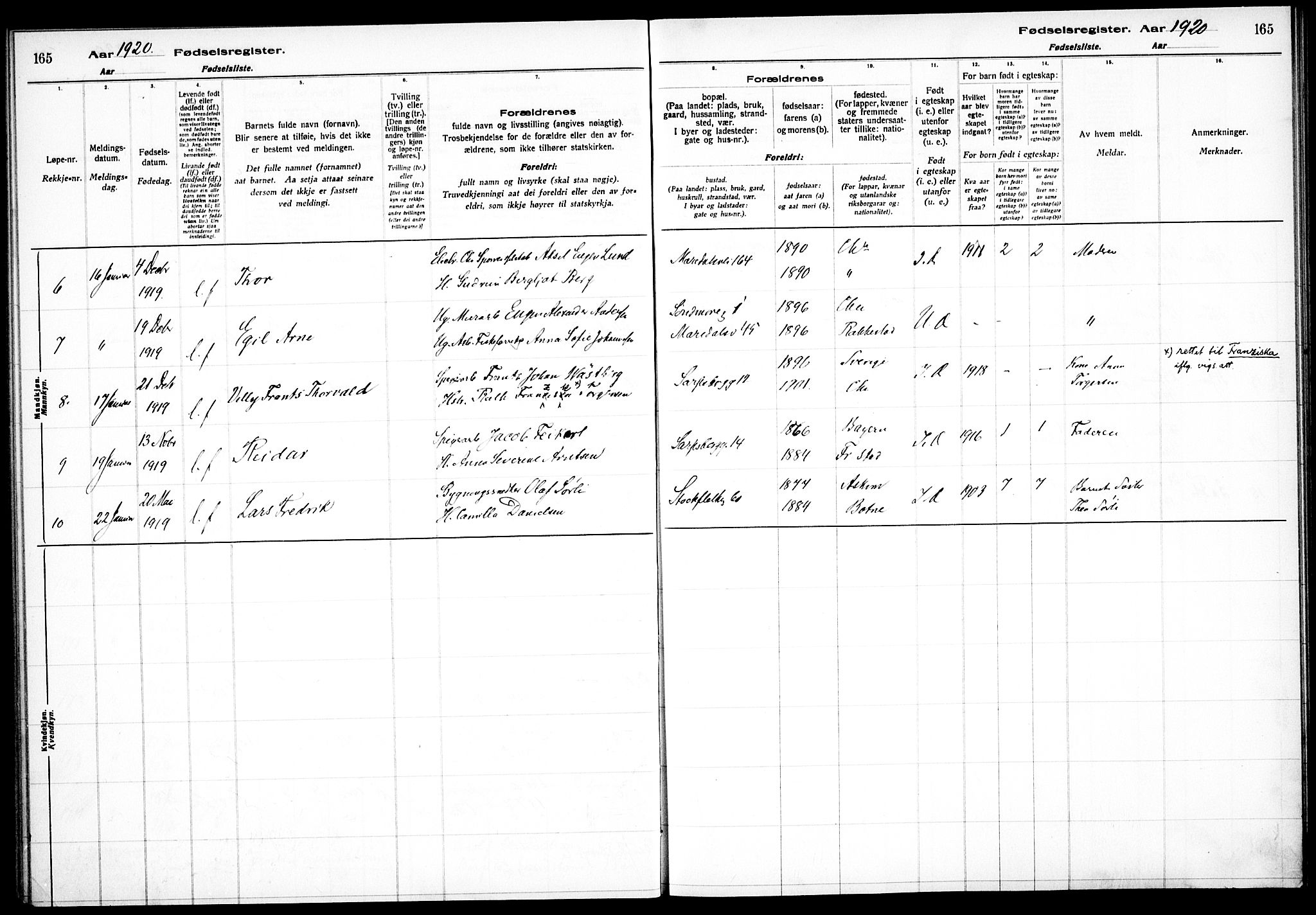 Sagene prestekontor Kirkebøker, SAO/A-10796/J/L0001: Birth register no. 1, 1916-1920, p. 165