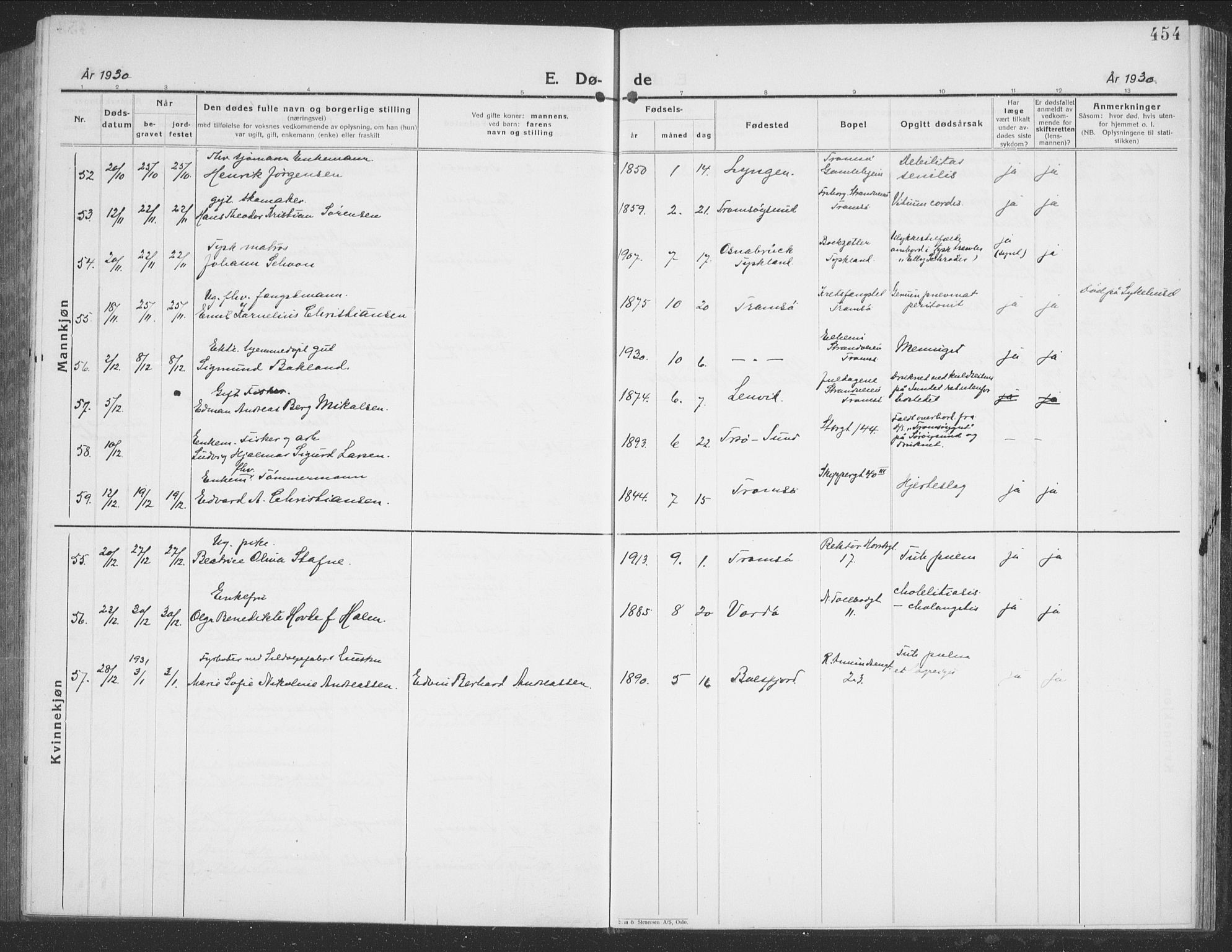 Tromsø sokneprestkontor/stiftsprosti/domprosti, AV/SATØ-S-1343/G/Gb/L0010klokker: Parish register (copy) no. 10, 1925-1937, p. 454