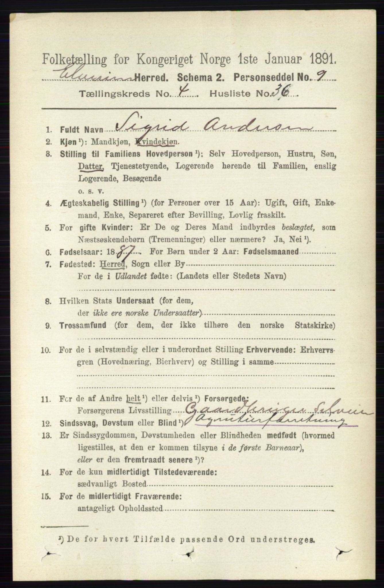 RA, 1891 census for 0427 Elverum, 1891, p. 2600