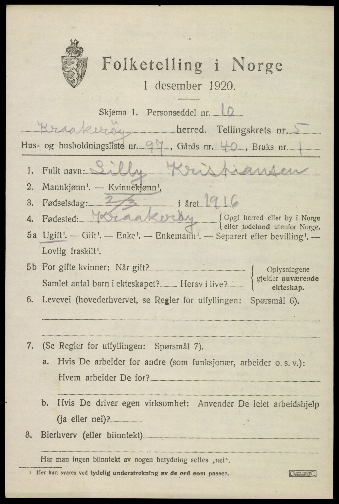 SAO, 1920 census for Kråkerøy, 1920, p. 7496