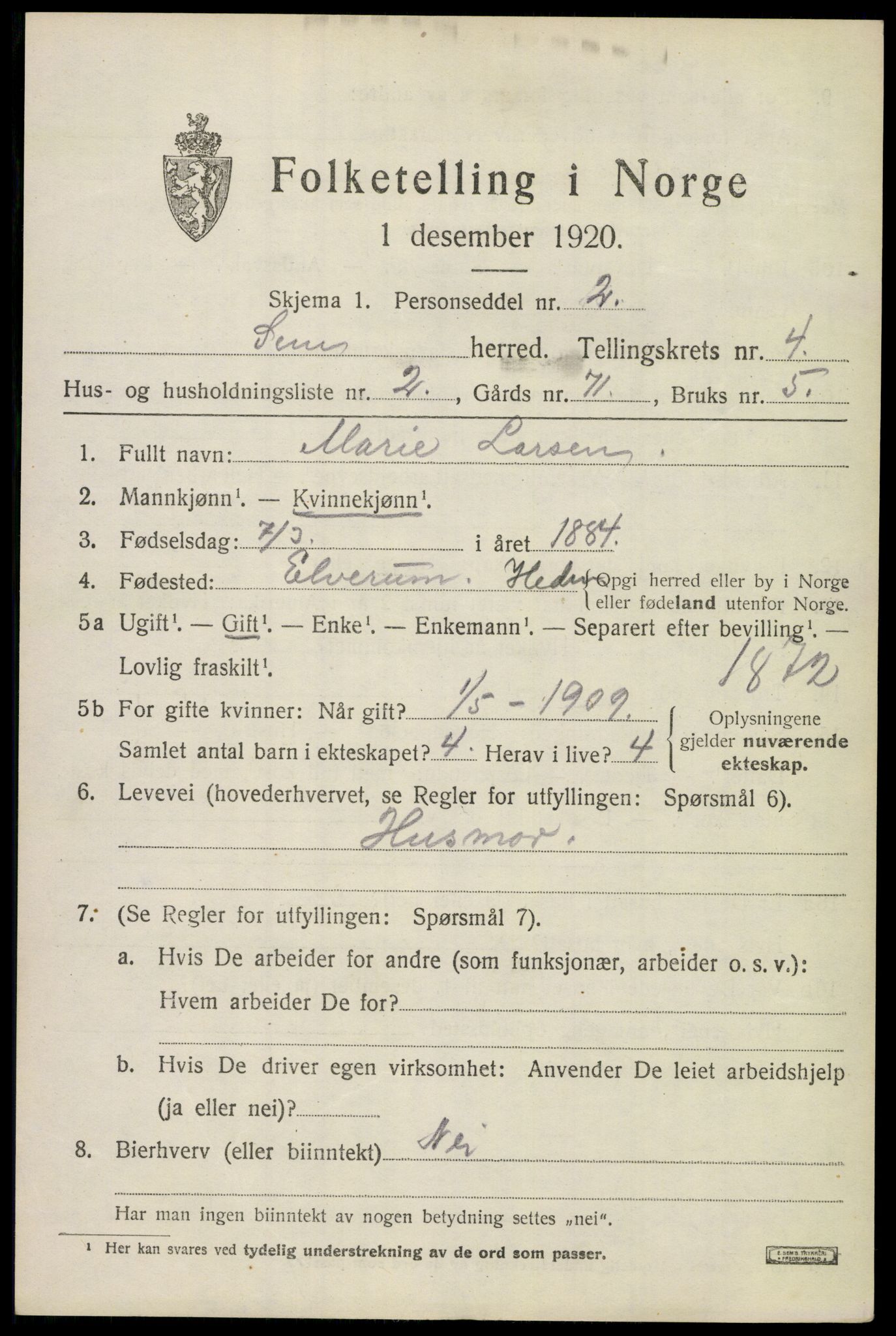 SAKO, 1920 census for Sem, 1920, p. 7089