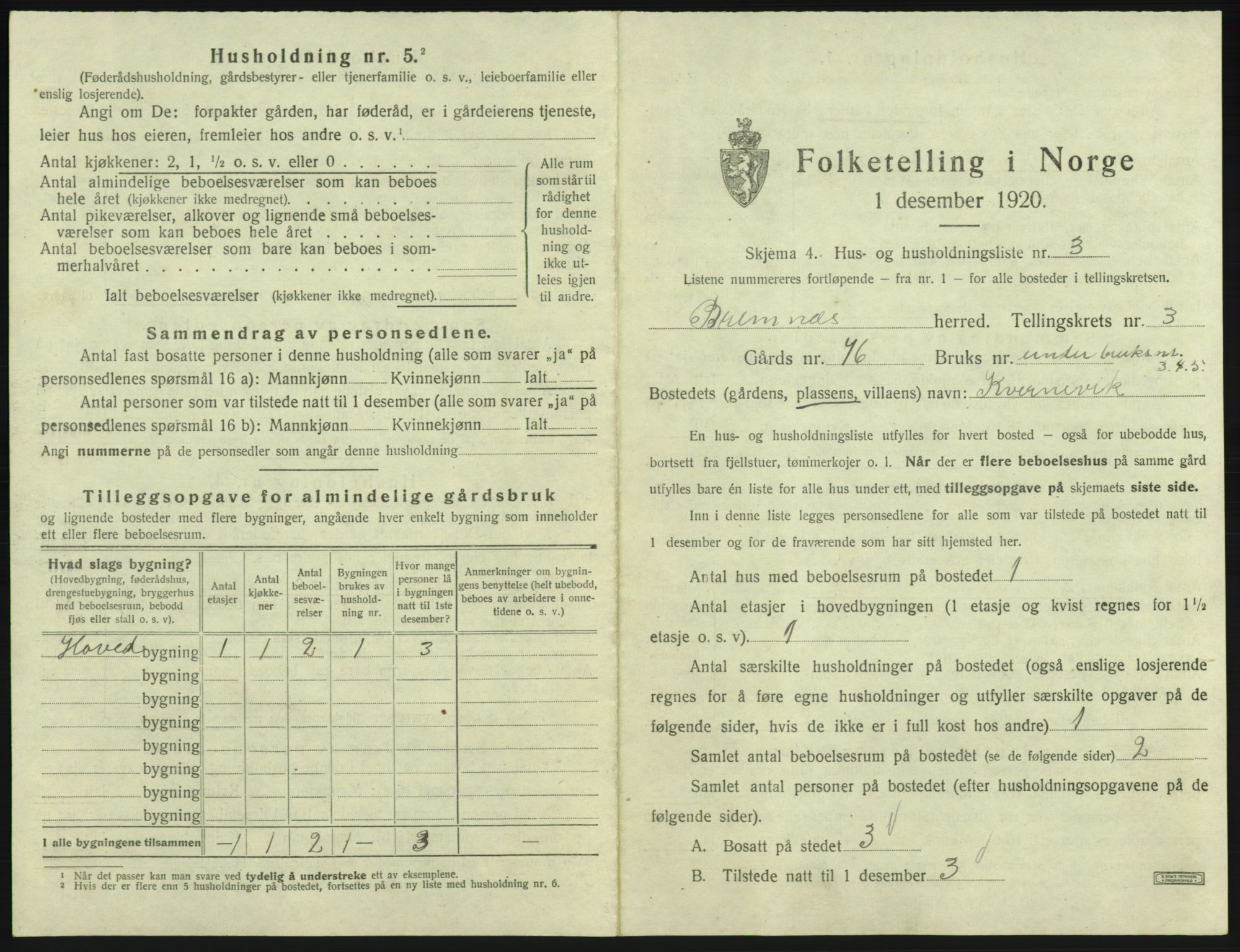 SAB, 1920 census for Bremnes, 1920, p. 123