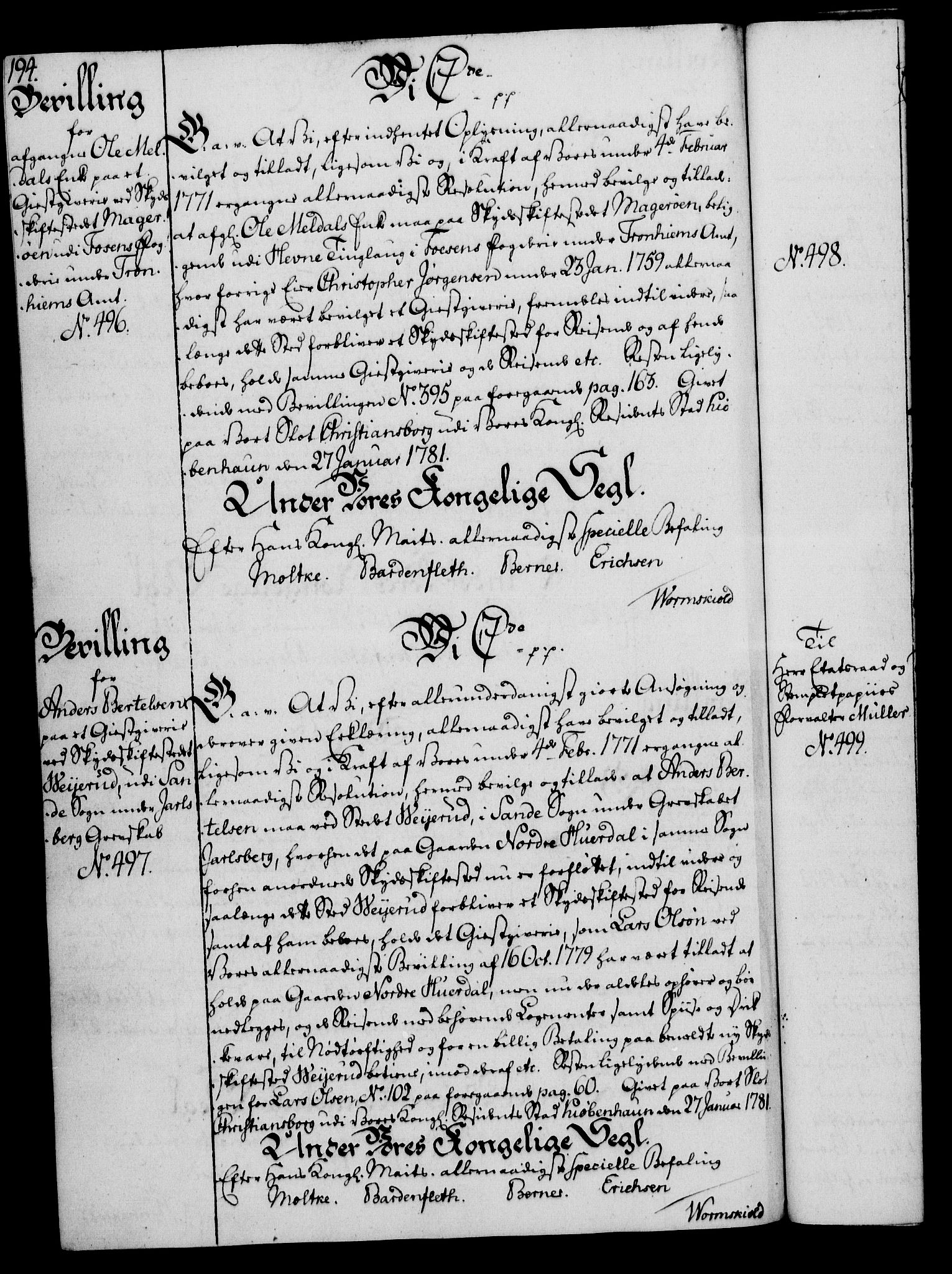 Rentekammeret, Kammerkanselliet, AV/RA-EA-3111/G/Gg/Gga/L0011: Norsk ekspedisjonsprotokoll med register (merket RK 53.11), 1779-1781, p. 194