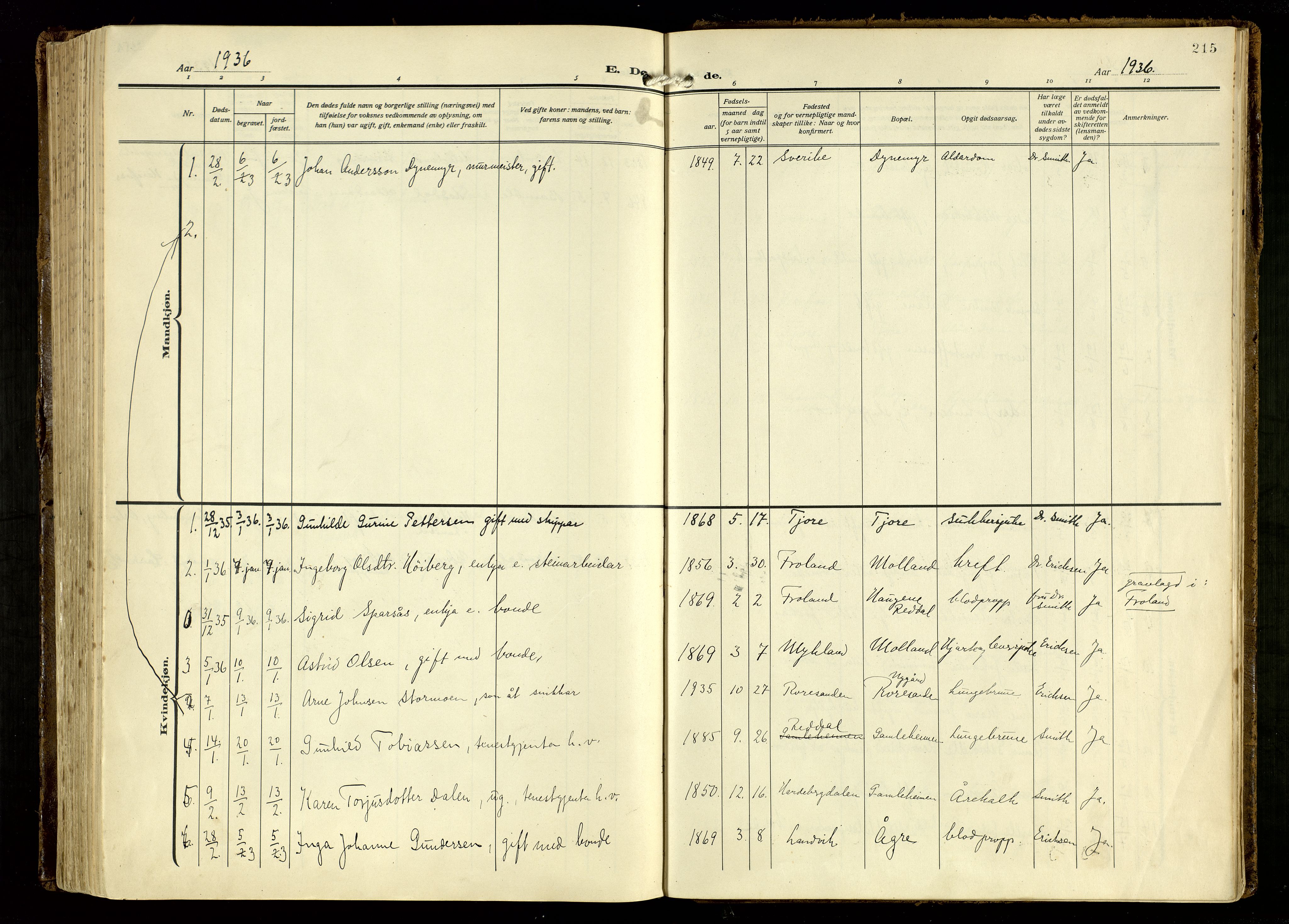 Hommedal sokneprestkontor, SAK/1111-0023/F/Fa/Fab/L0008: Parish register (official) no. A 8, 1925-1956, p. 215