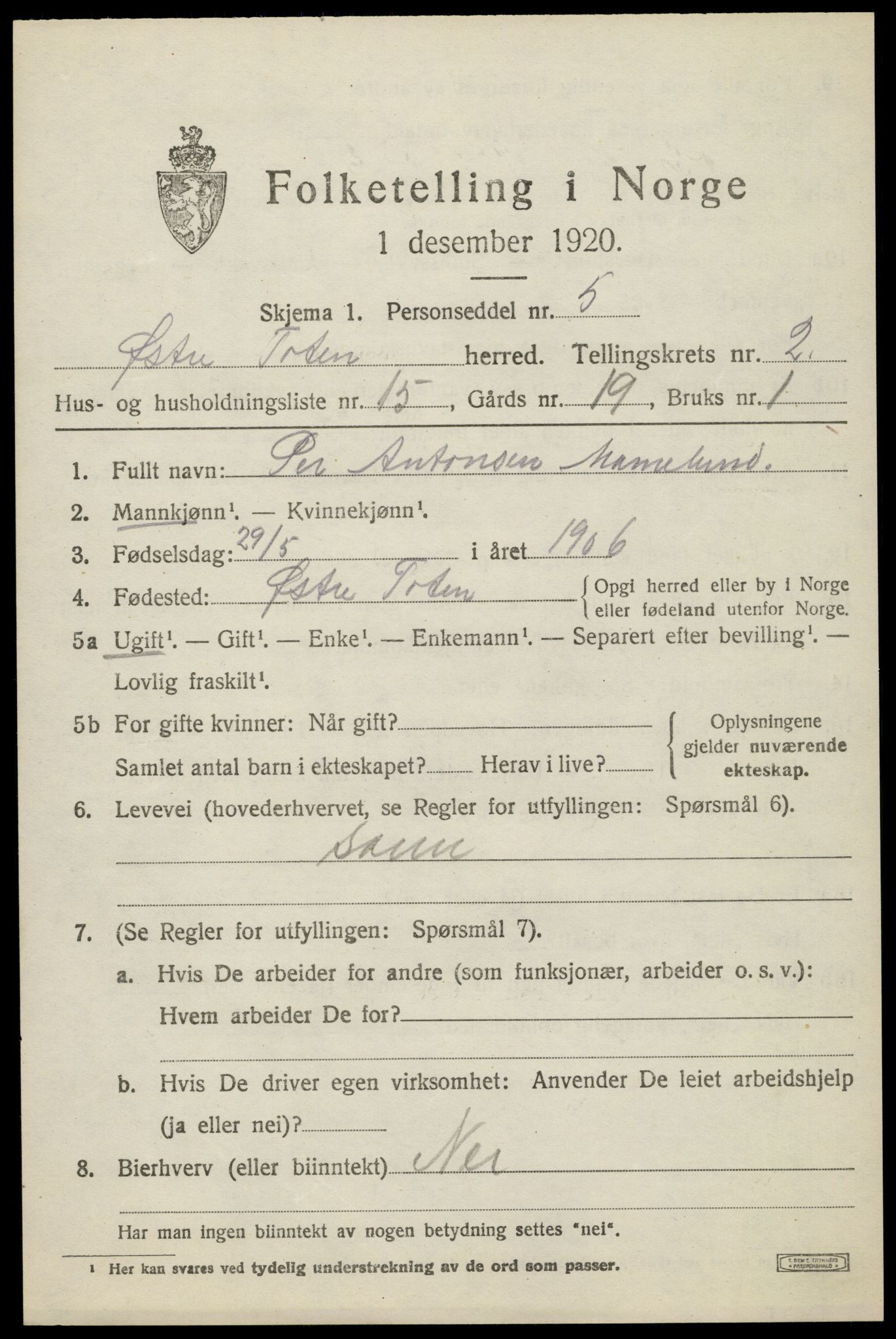 SAH, 1920 census for Østre Toten, 1920, p. 4508