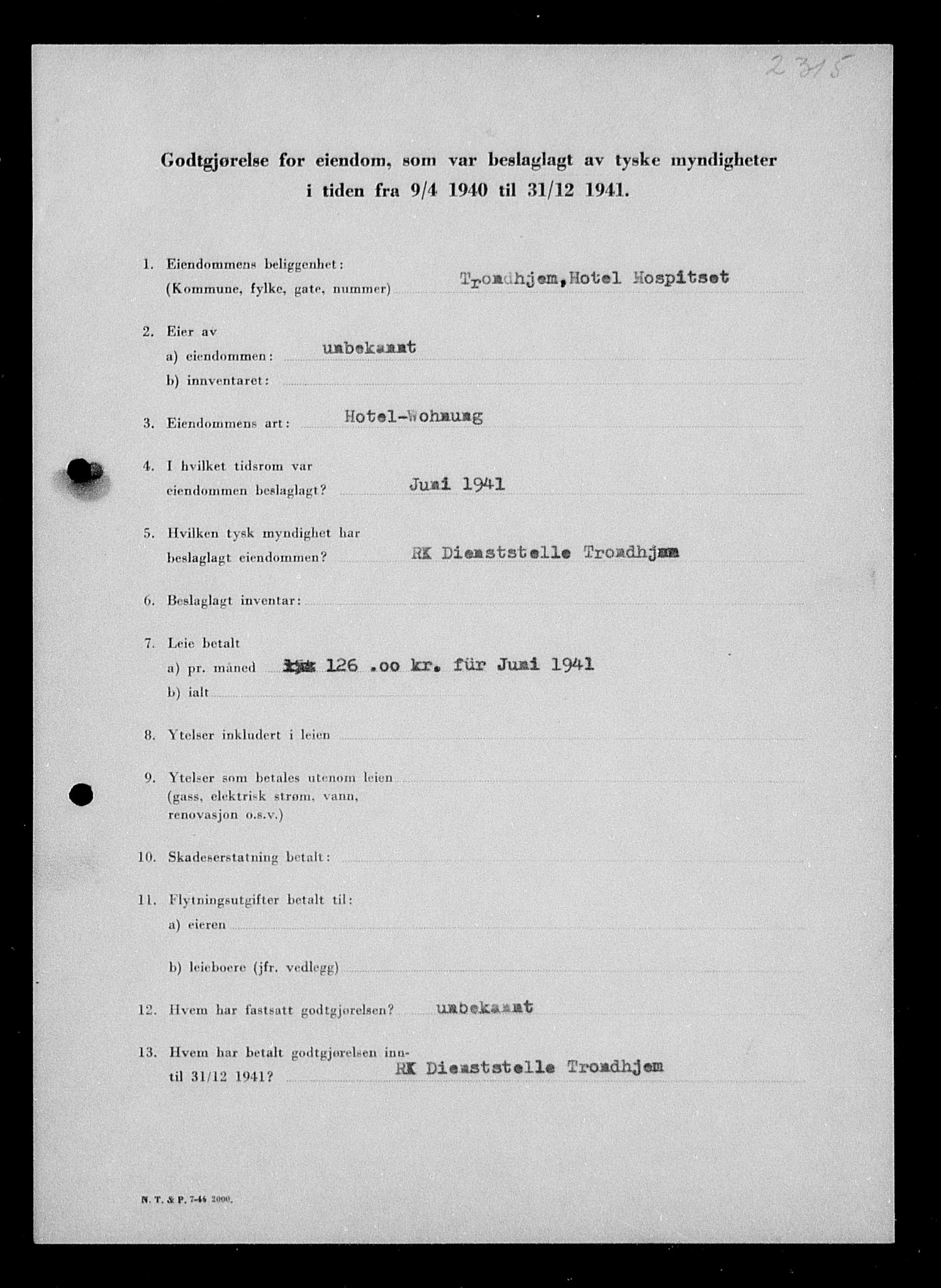 Justisdepartementet, Tilbakeføringskontoret for inndratte formuer, RA/S-1564/I/L1018: Godtgjørelse for beslaglagt eiendom, 1940-1941, p. 234
