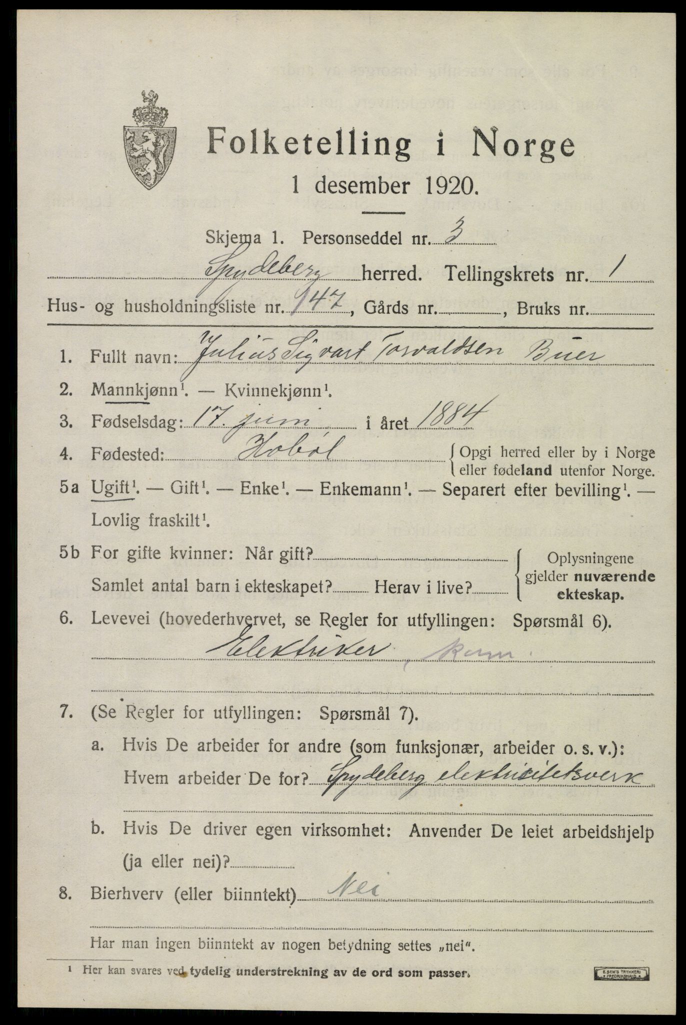 SAO, 1920 census for Spydeberg, 1920, p. 2799