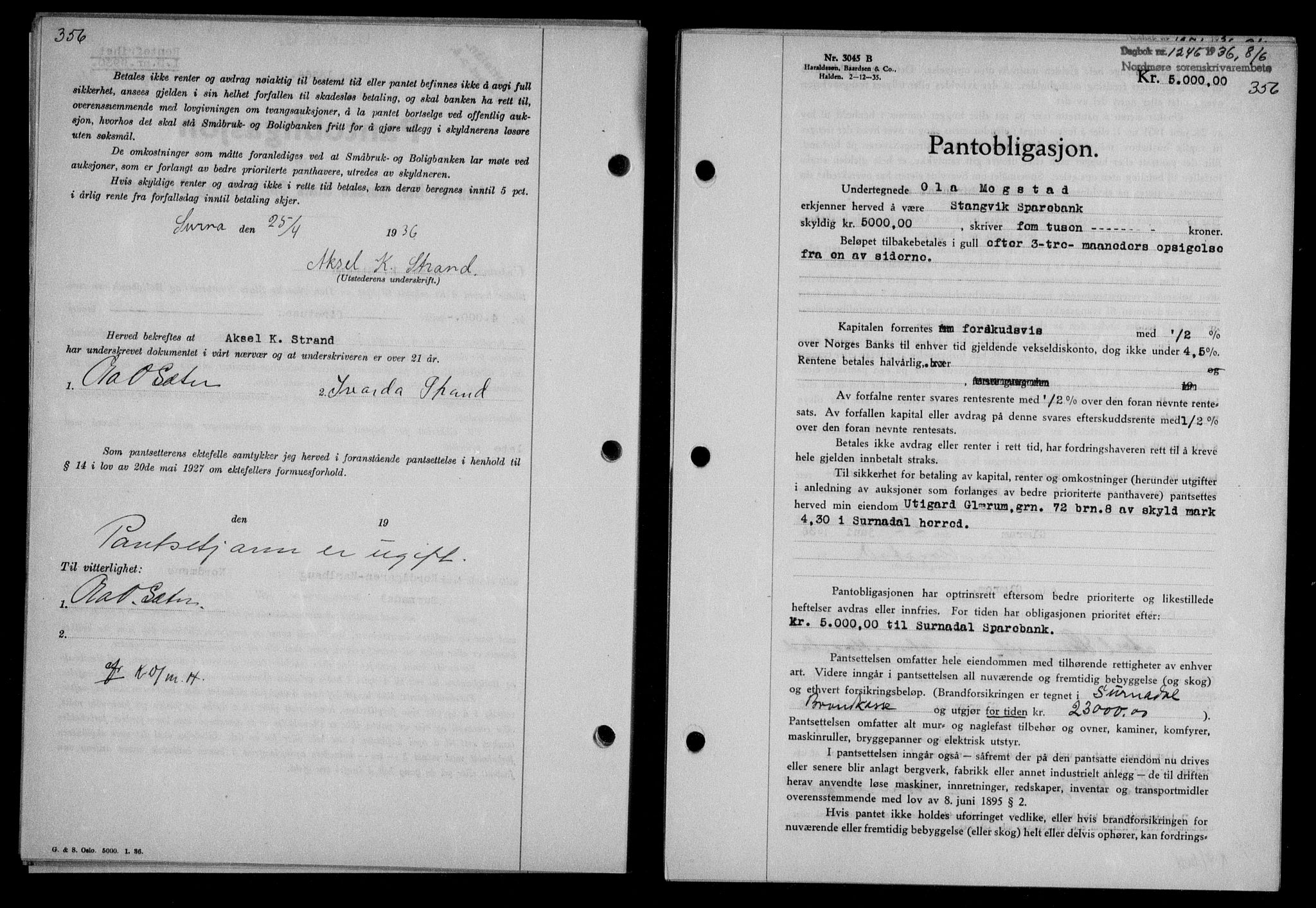 Nordmøre sorenskriveri, AV/SAT-A-4132/1/2/2Ca/L0088: Mortgage book no. 78, 1936-1936, Diary no: : 1246/1936