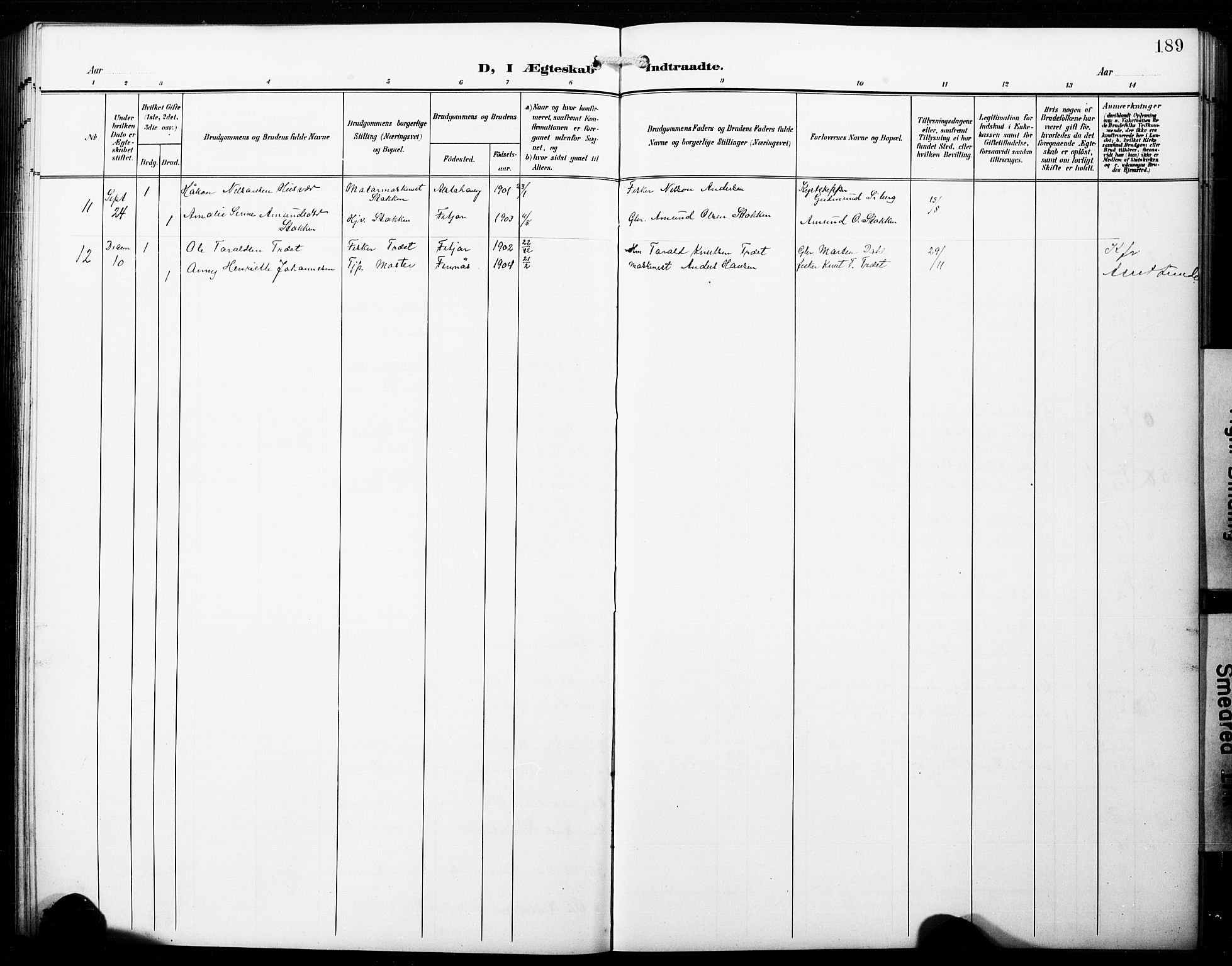 Fitjar sokneprestembete, AV/SAB-A-99926: Parish register (copy) no. B 1, 1906-1928, p. 189