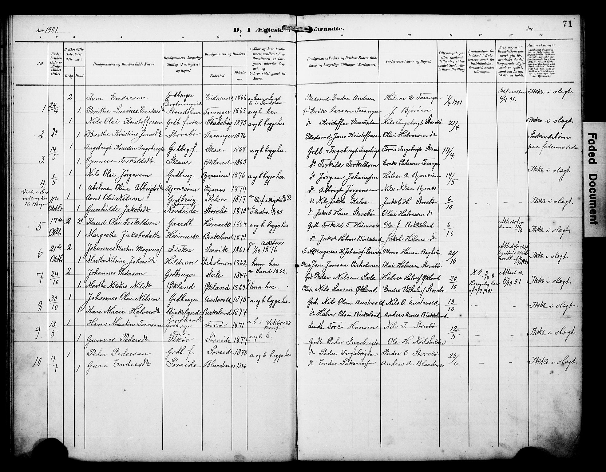 Austevoll Sokneprestembete, SAB/A-74201/H/Hab: Parish register (copy) no. A 4, 1901-1912, p. 71