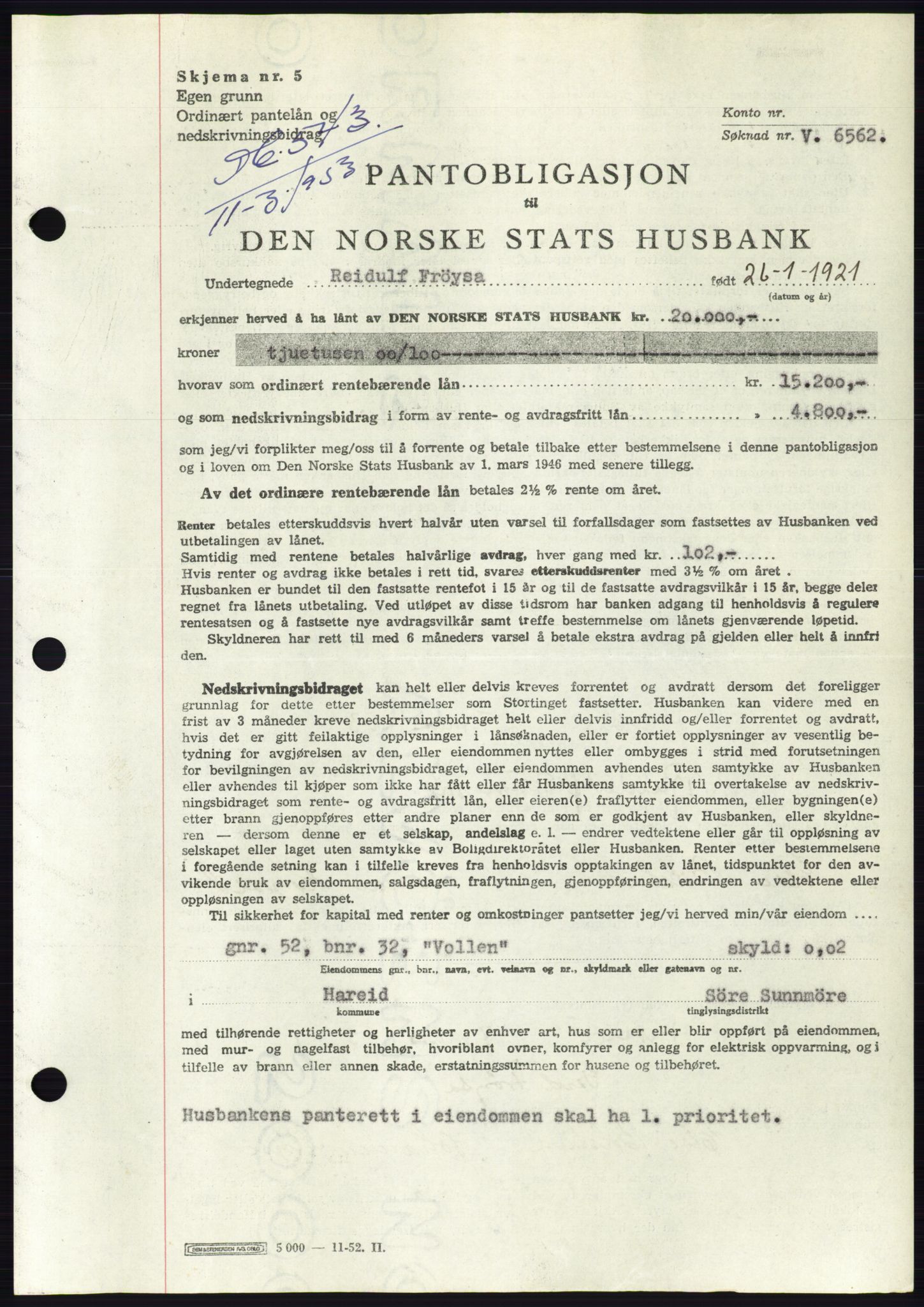 Søre Sunnmøre sorenskriveri, AV/SAT-A-4122/1/2/2C/L0123: Mortgage book no. 11B, 1953-1953, Diary no: : 543/1953