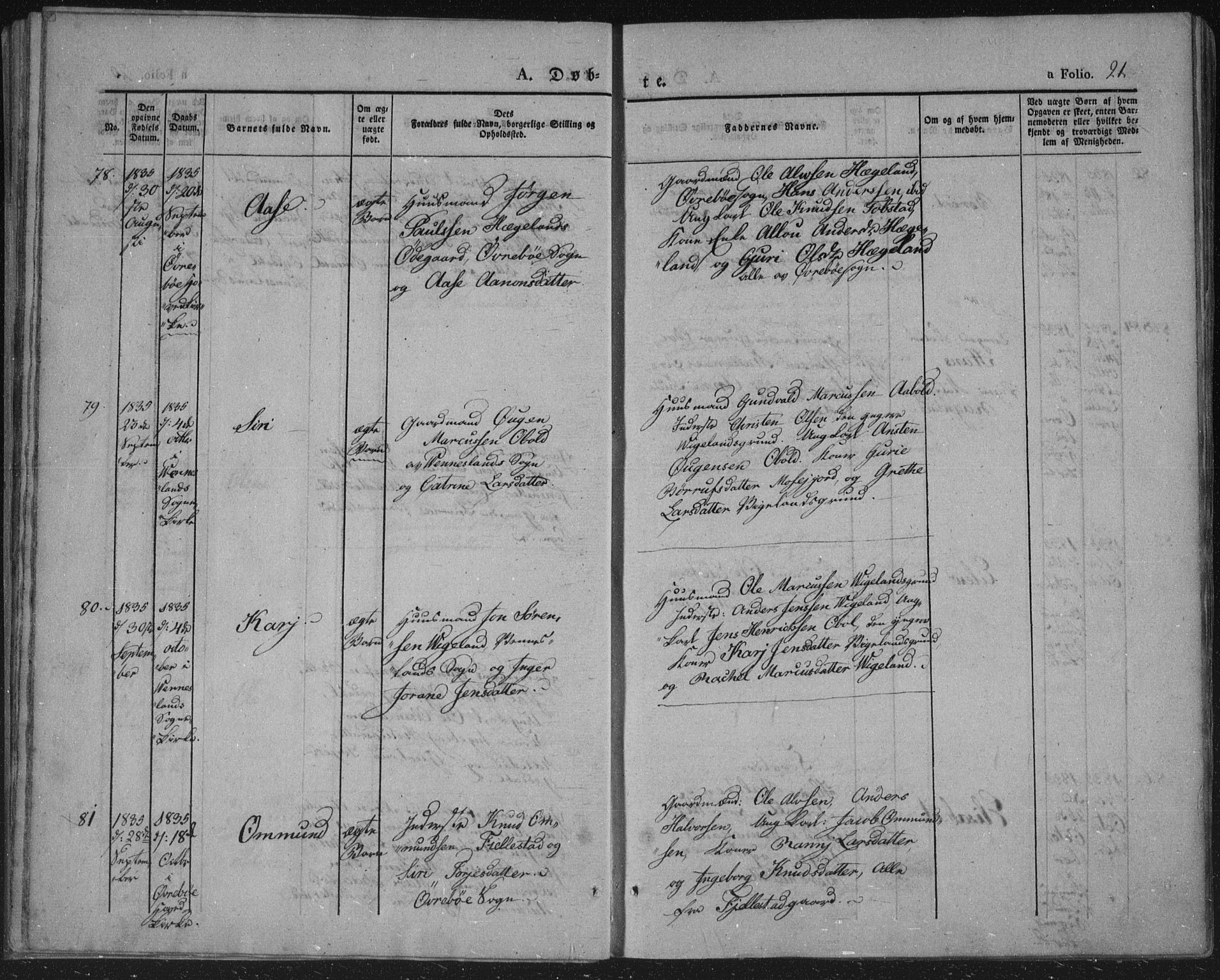 Vennesla sokneprestkontor, AV/SAK-1111-0045/Fa/Fac/L0004: Parish register (official) no. A 4, 1834-1855, p. 21