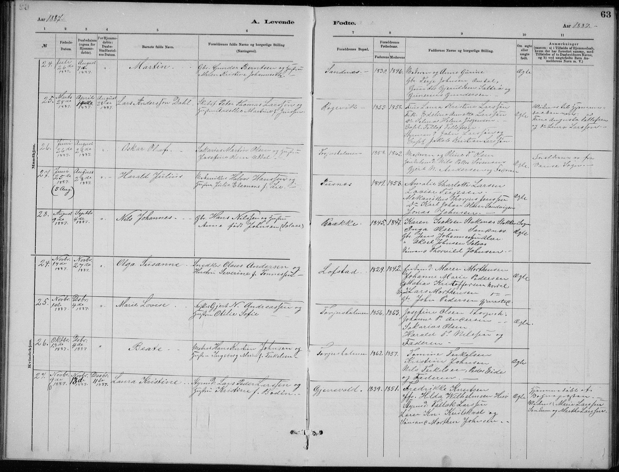 Tromøy sokneprestkontor, AV/SAK-1111-0041/F/Fb/L0005: Parish register (copy) no. B 5, 1877-1891, p. 63