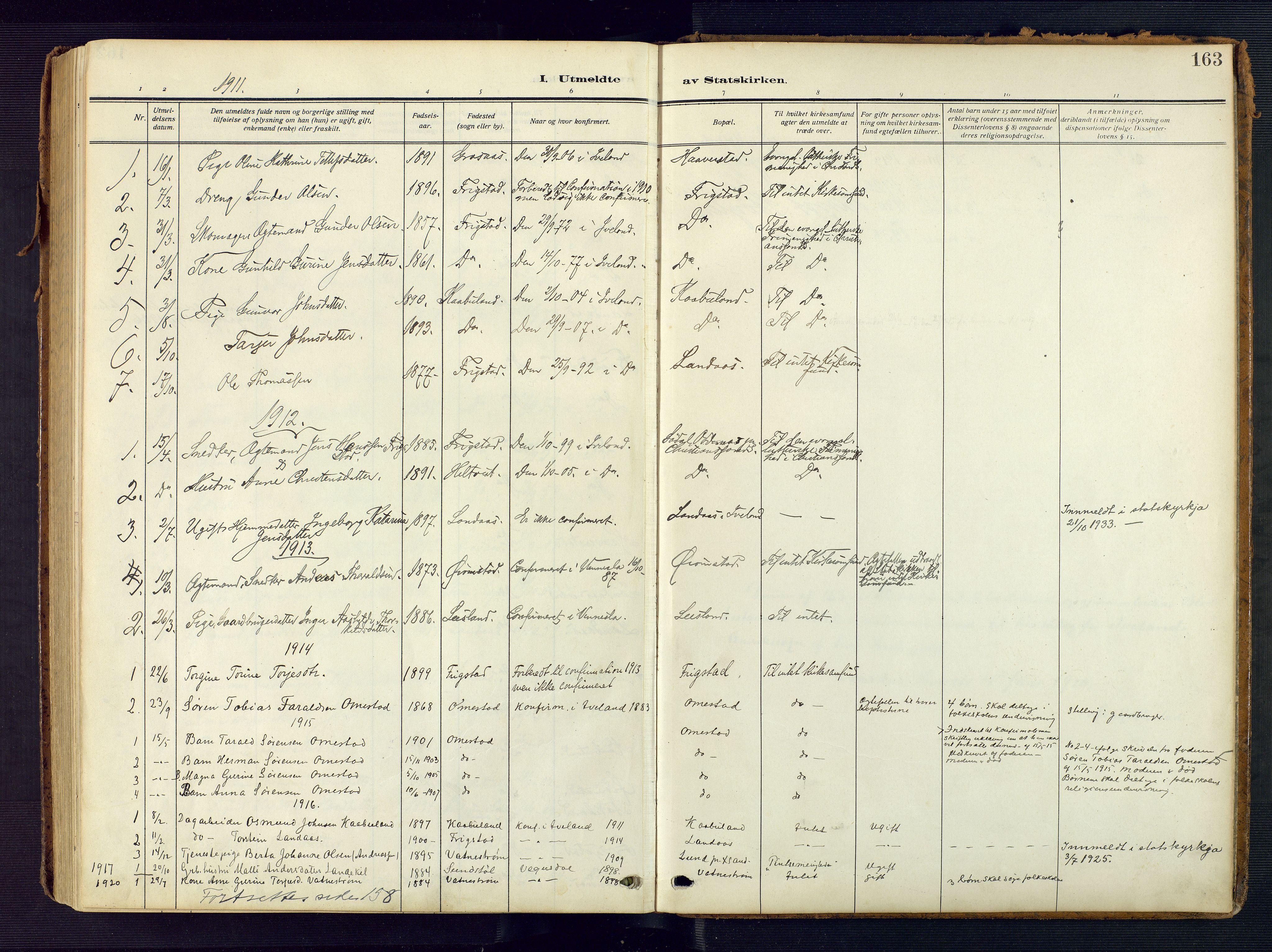 Evje sokneprestkontor, SAK/1111-0008/F/Fa/Fac/L0004: Parish register (official) no. A 4, 1910-1932, p. 163