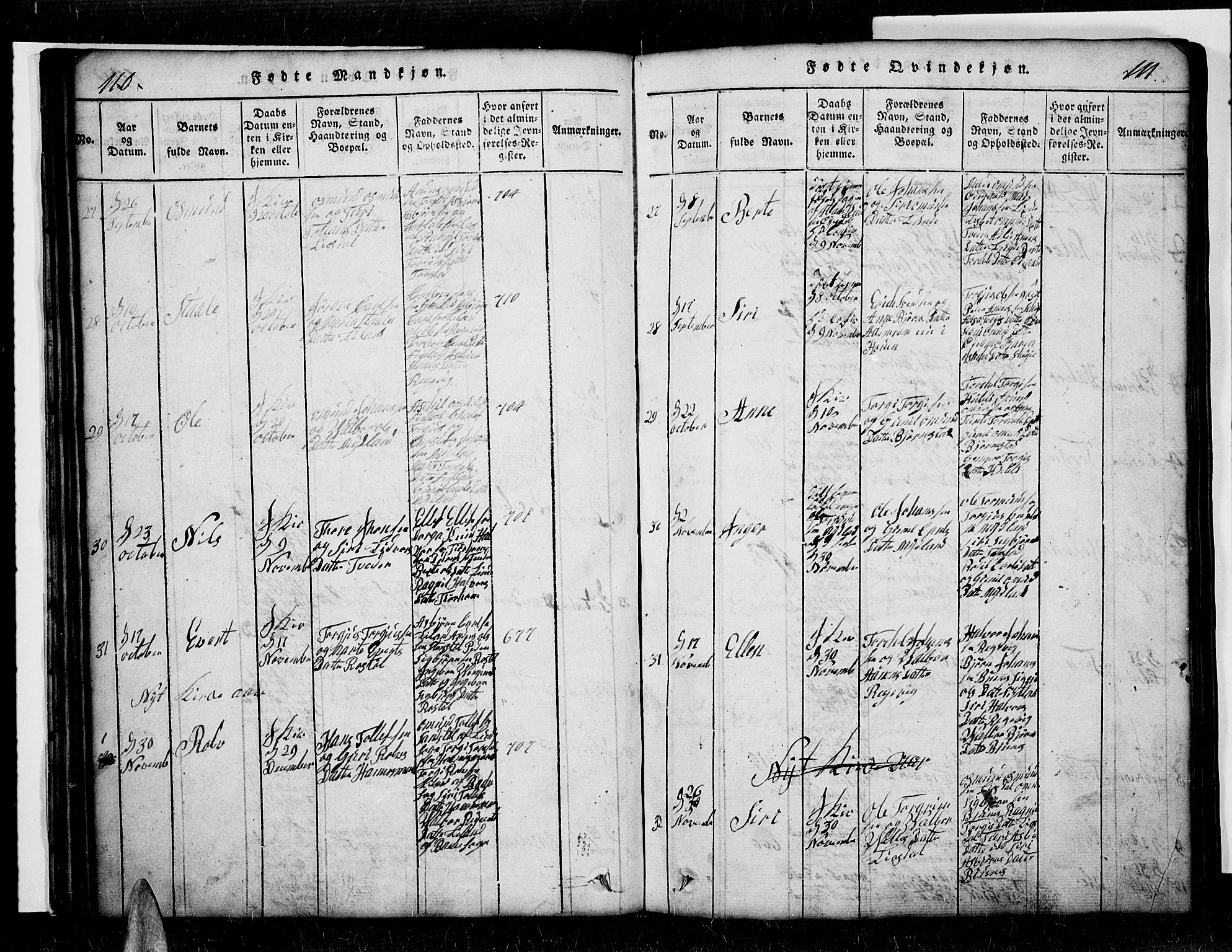 Sirdal sokneprestkontor, SAK/1111-0036/F/Fb/Fbb/L0001: Parish register (copy) no. B 1, 1815-1834, p. 110-111
