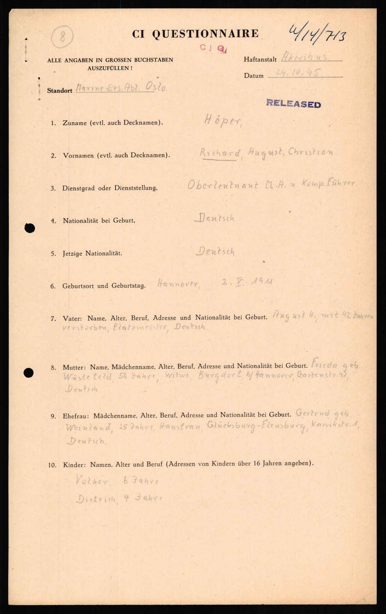 Forsvaret, Forsvarets overkommando II, RA/RAFA-3915/D/Db/L0014: CI Questionaires. Tyske okkupasjonsstyrker i Norge. Tyskere., 1945-1946, p. 283