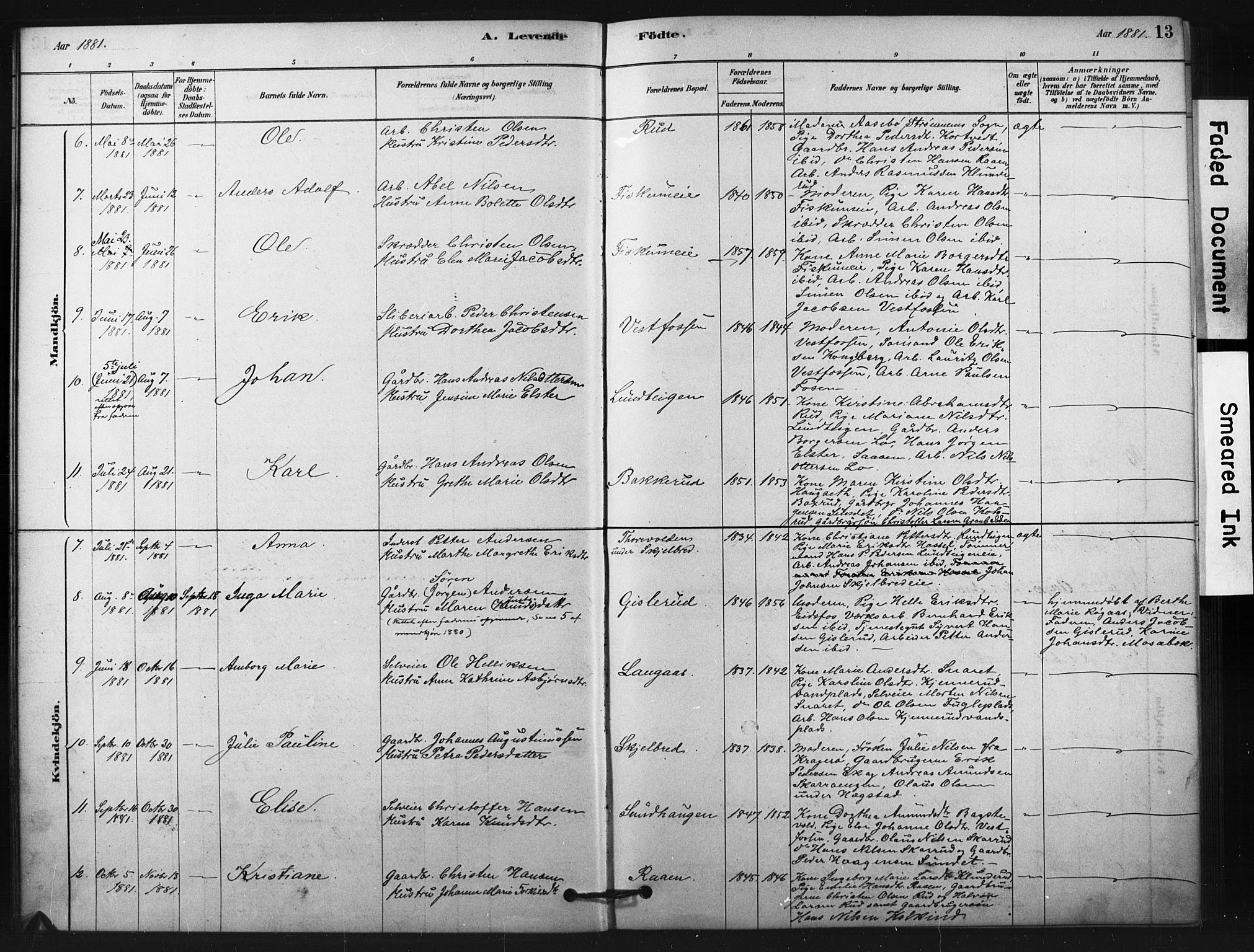 Fiskum kirkebøker, SAKO/A-15/F/Fa/L0002: Parish register (official) no. 2, 1878-1890, p. 13