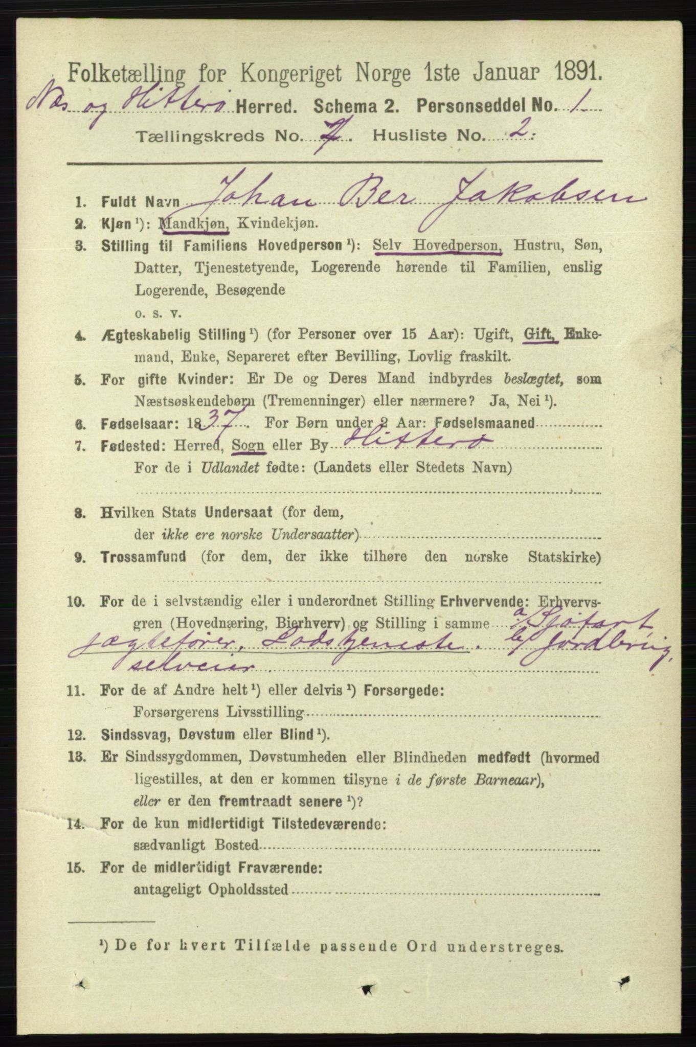 RA, 1891 census for 1043 Hidra og Nes, 1891, p. 2807